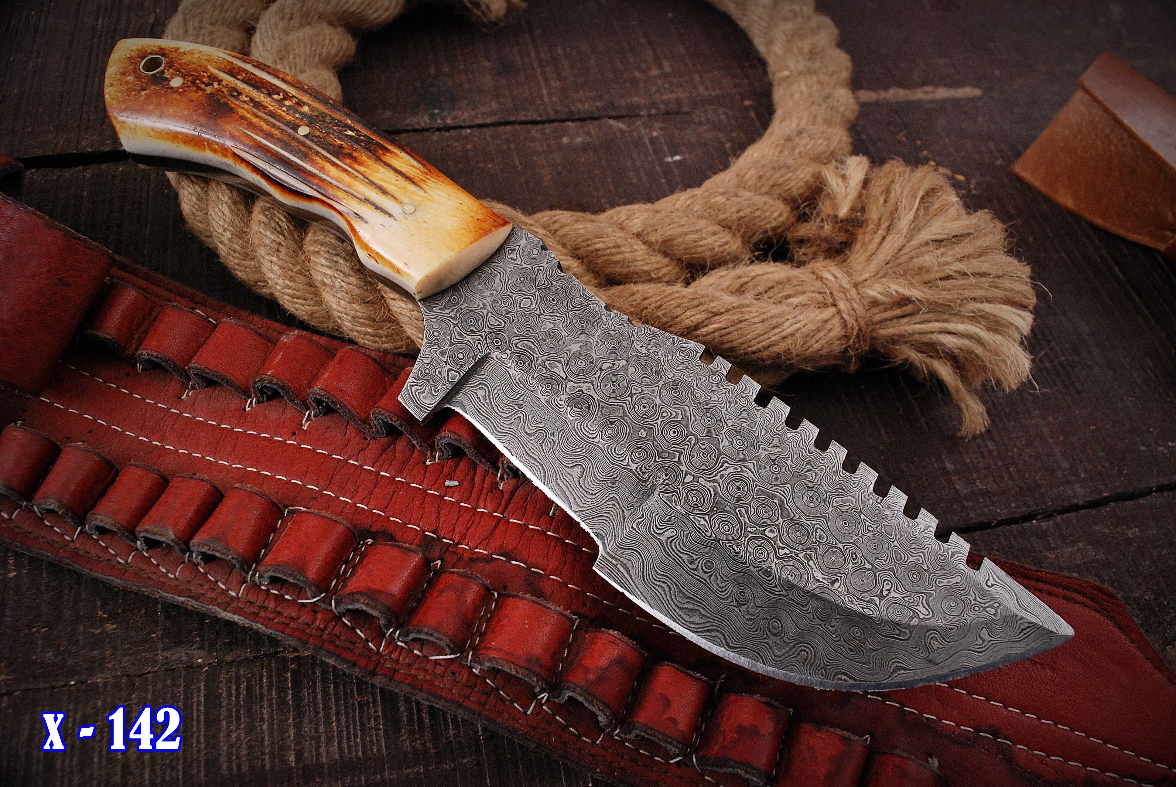 10”Custom Hand Made Forged Damascus Steel Tracker Hunting Camping Knife Bone Handle - Image 7