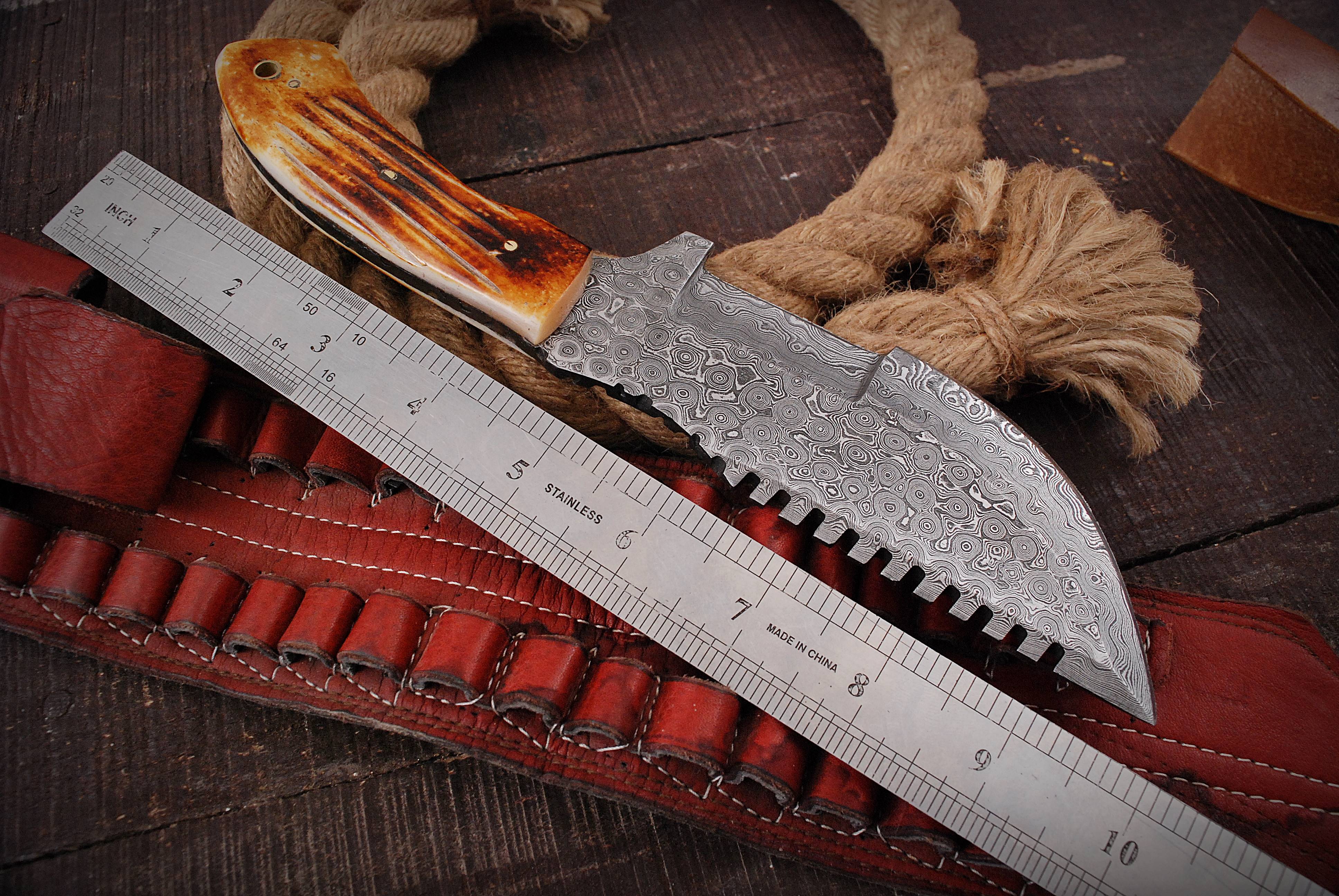 10”Custom Hand Made Forged Damascus Steel Tracker Hunting Camping Knife Bone Handle - Image 9