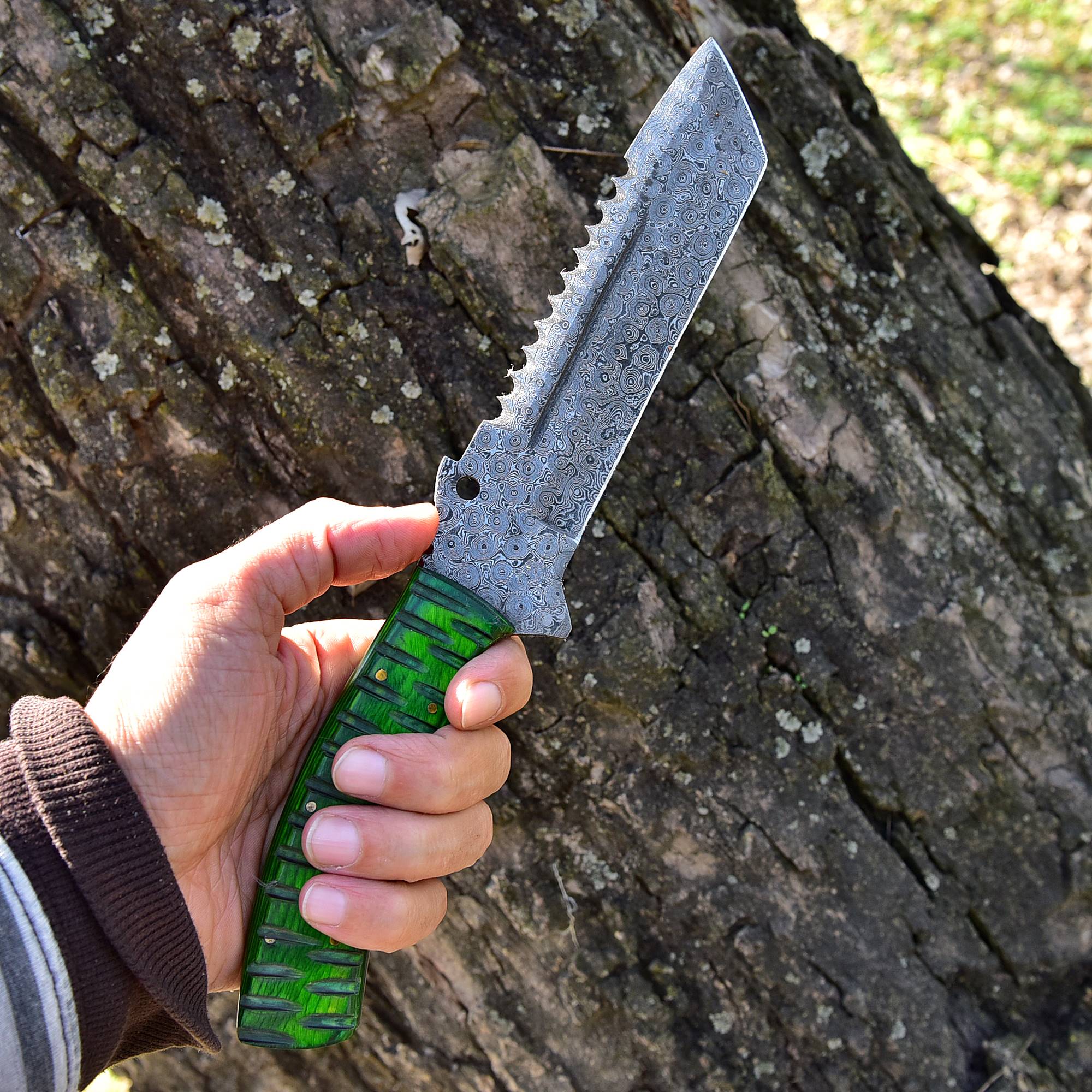 12" Custom Handmade Damascus Steel Tracker Knife- Stunning Wood Handle - Image 3