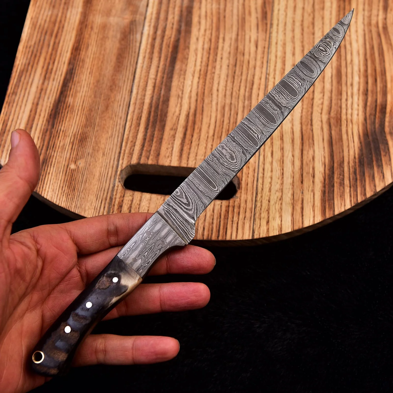 12" Damascus Fillet Chef Knife Ram Horn Handle Damascus Bolster - Image 2
