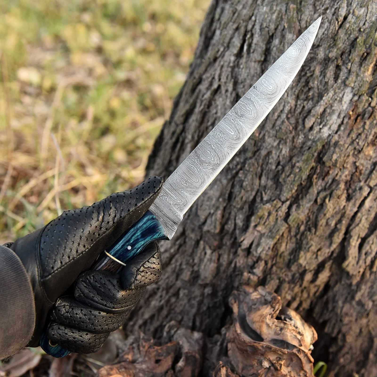 12" Handmade Fillet Damascus Chef Knife Blue Stain Wood Handle - Image 3