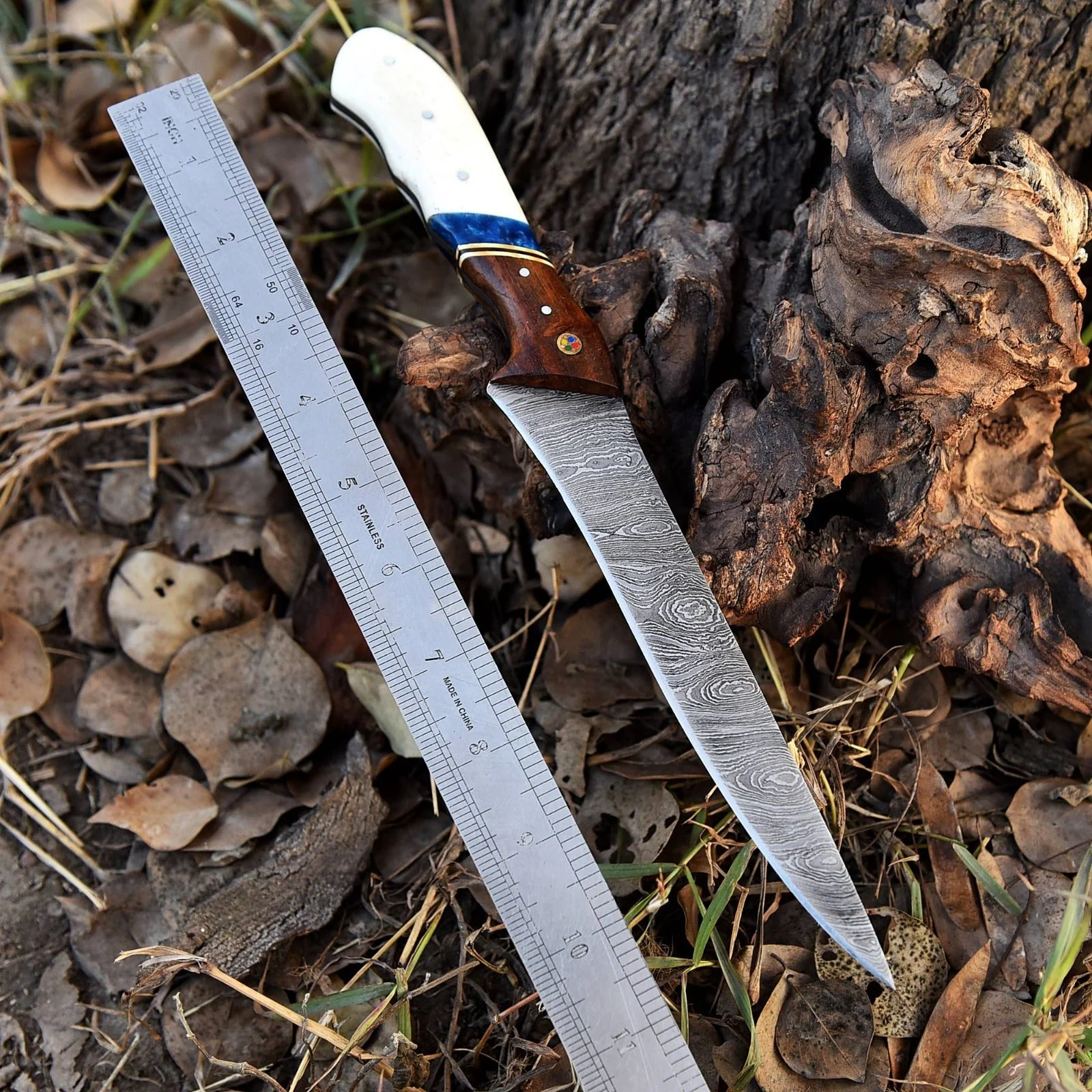 12" Handmade Fillet Damascus Chef Knife Bone wood & Resin Handle - Image 3