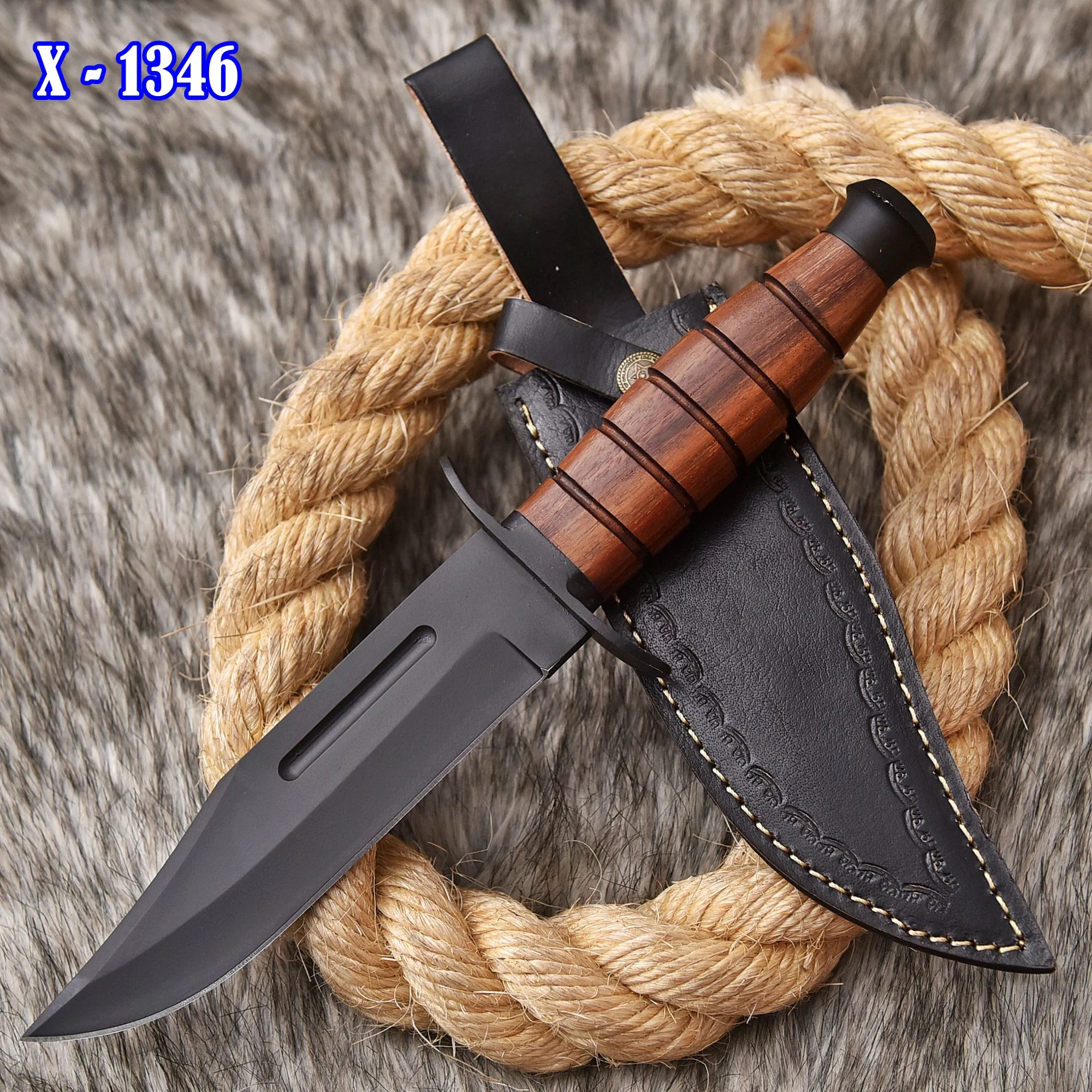 12"Handmade D2 Steel Hunting Fix Blade Knife Wood Handle EDC With Sheath - Image 2