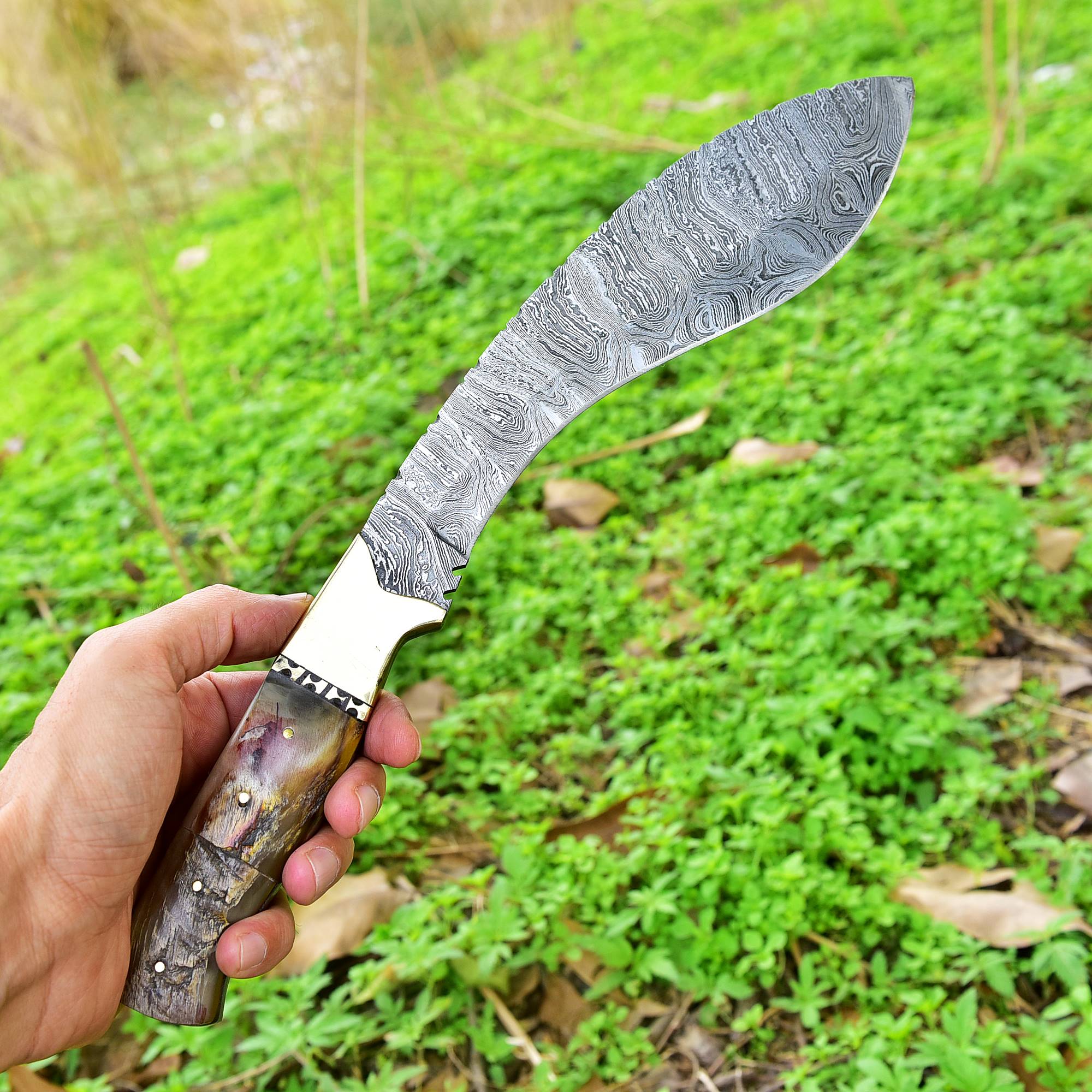 16" Custom Handmade Forged Damascus Steel Traditional Kukri Knife With Original Ram Horn Handle - Image 3