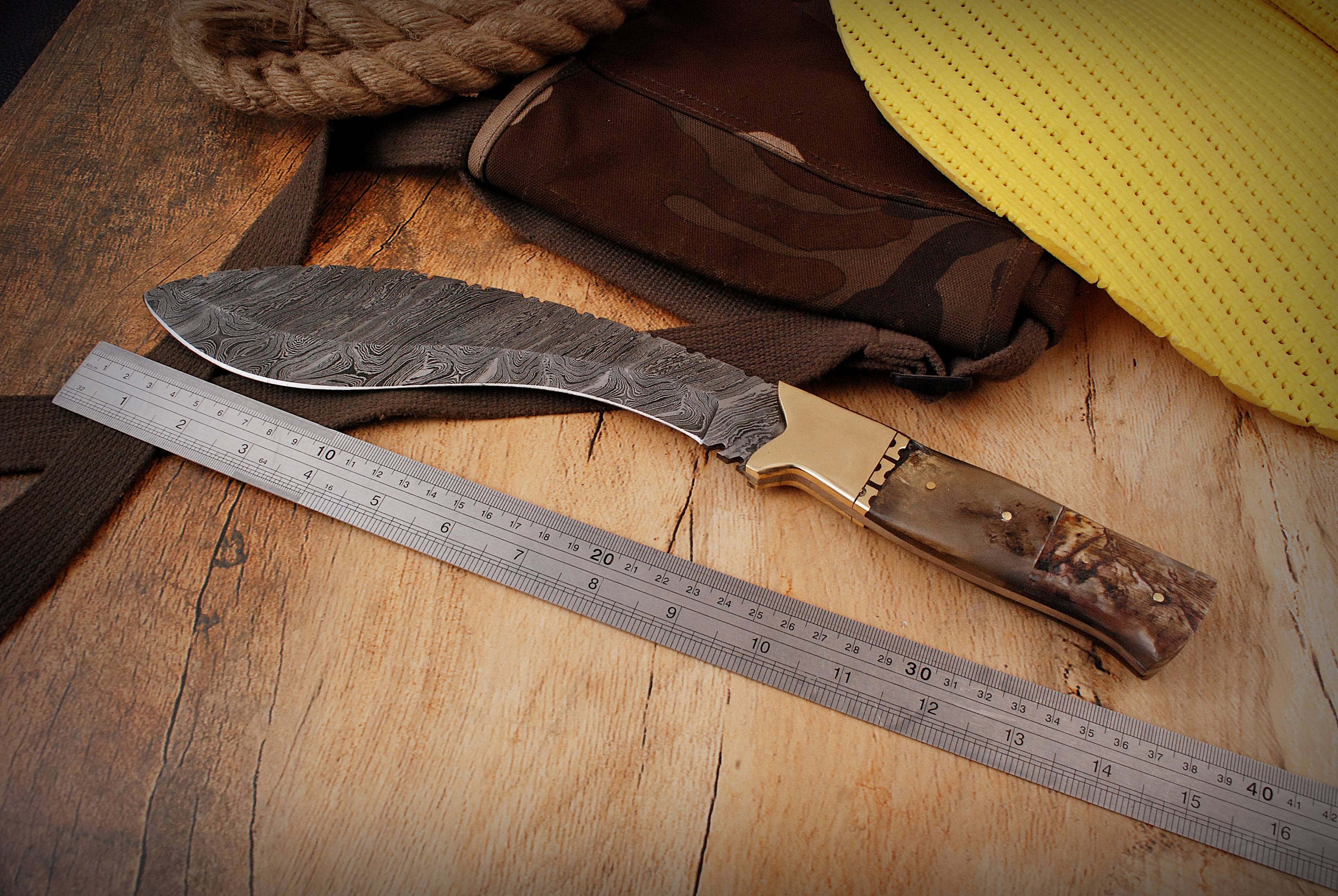 16" Custom Handmade Forged Damascus Steel Traditional Kukri Knife With Original Ram Horn Handle - Image 8