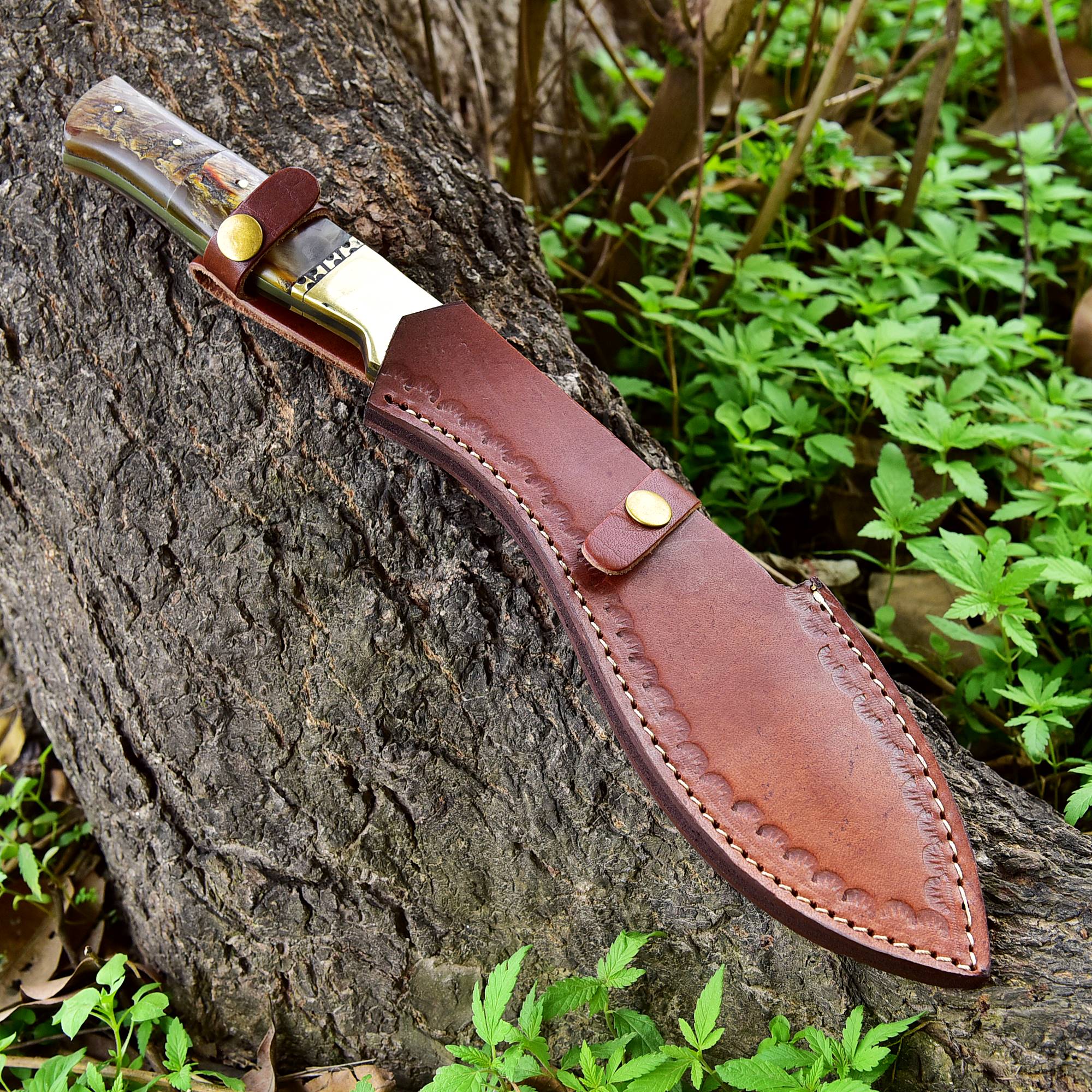 16" Custom Handmade Forged Damascus Steel Traditional Kukri Knife With Original Ram Horn Handle - Image 9