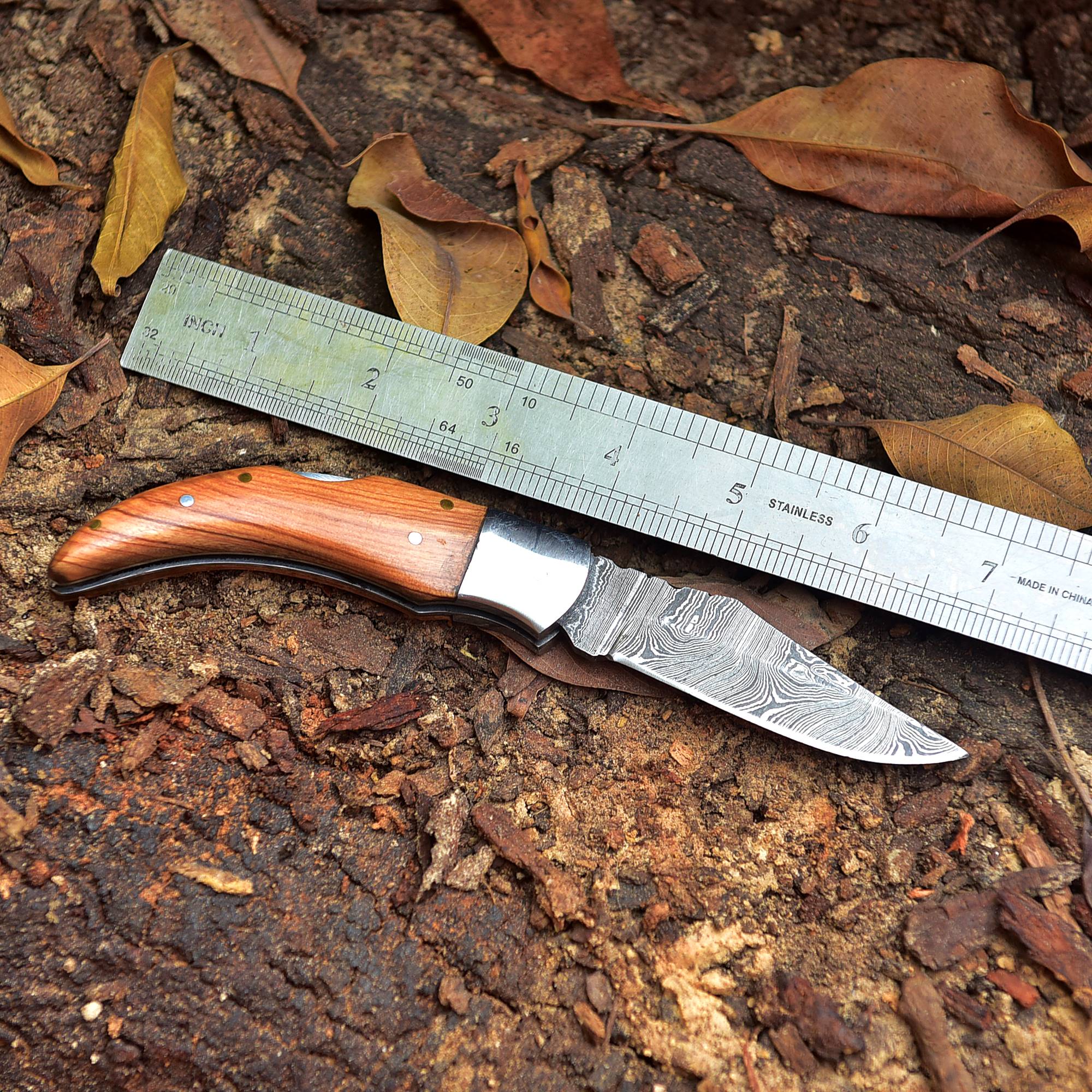 7" Handmade Damascus - Folding Back Lock - Ash Wood Handle - Image 2