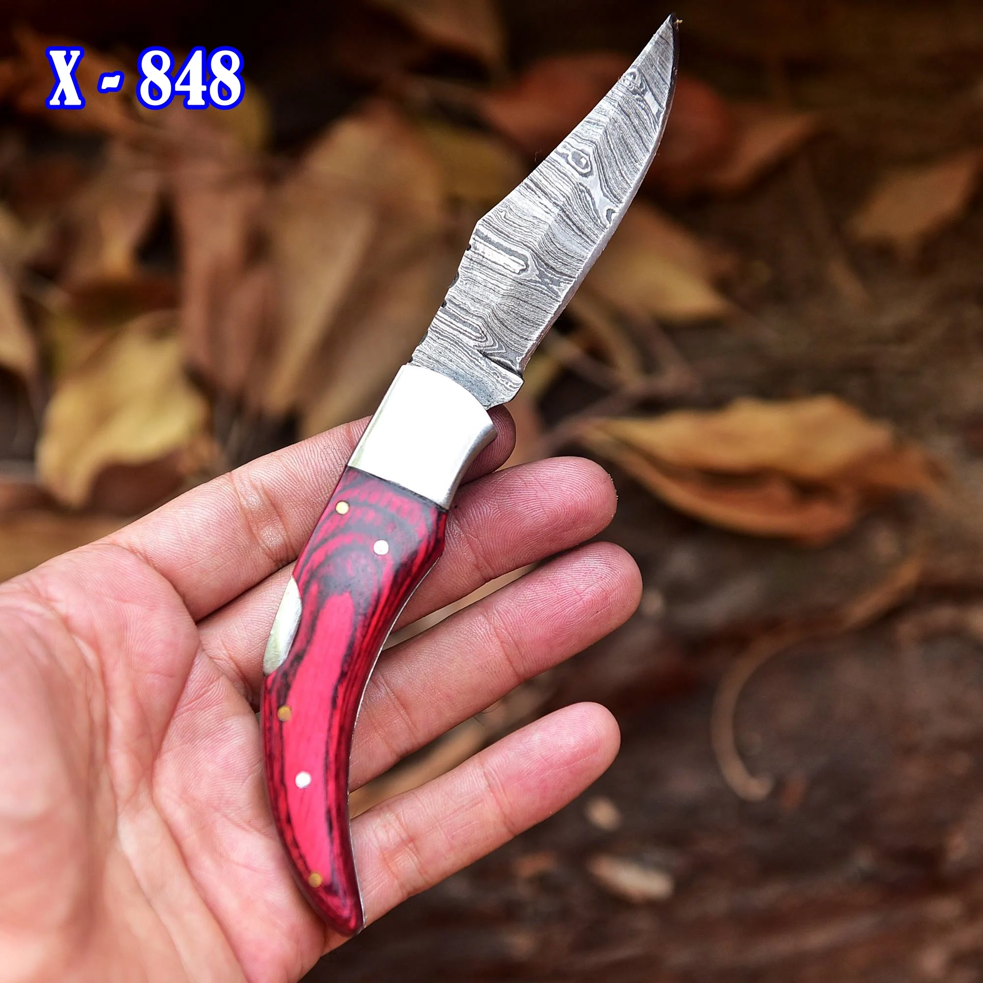 7" Handmade Damascus Pocket Knife - Folding Pocket Knife - Red Black PakkaWood Handle - Image 4