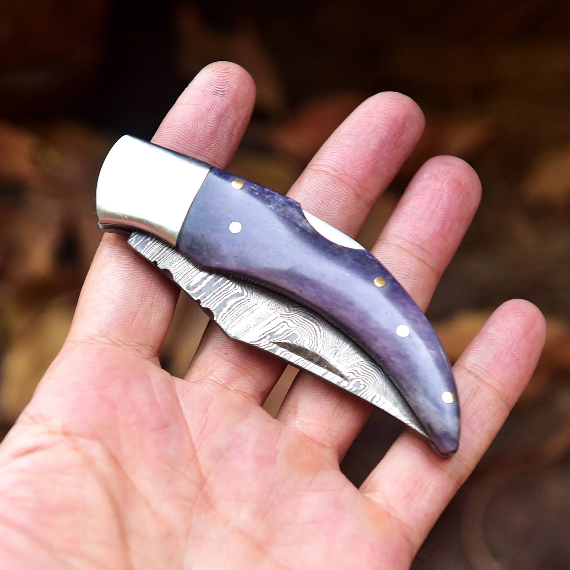 7" Handmade Damascus Steel Pocket Knife - Folding Blade Knife - Bone Handle - Image 3