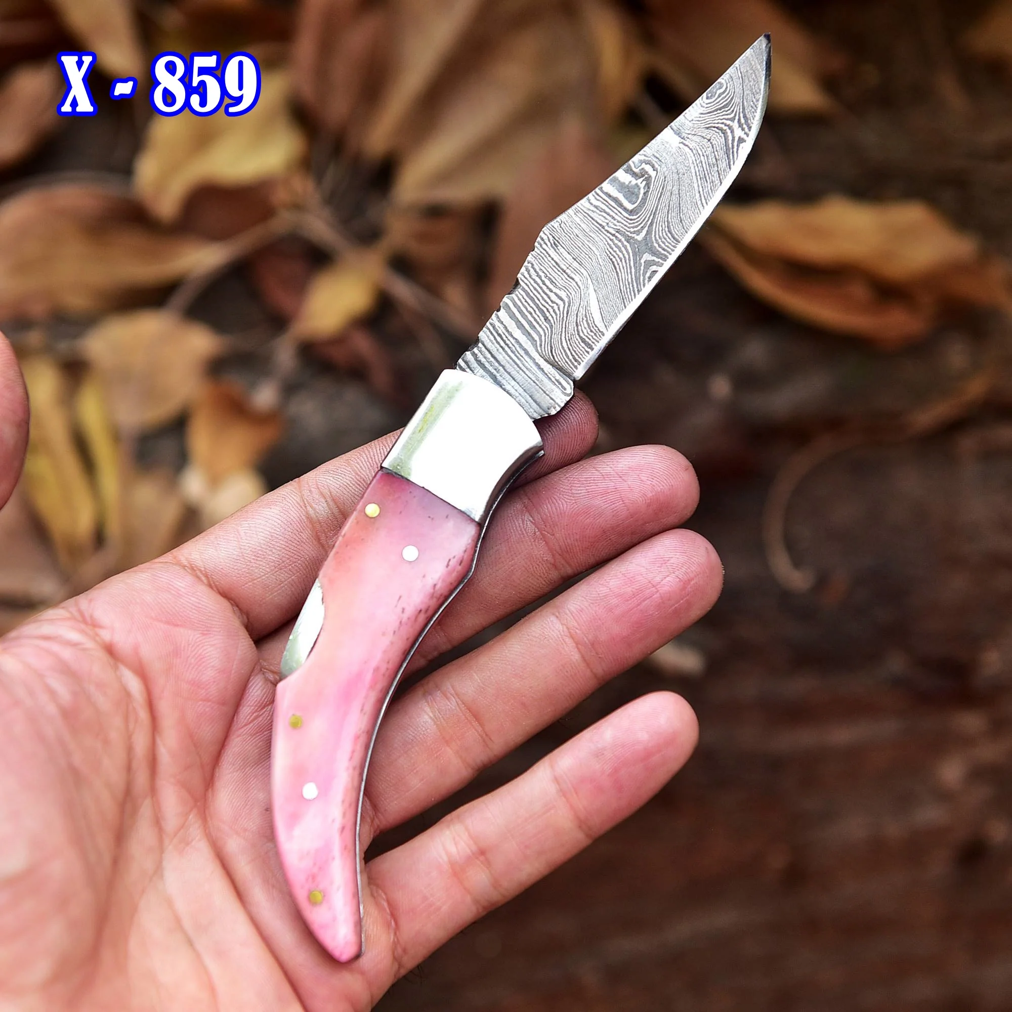 7" Handmade Damascus Steel Pocket Knife - Folding Blade Knife - Bone Handle - Pink - Image 3