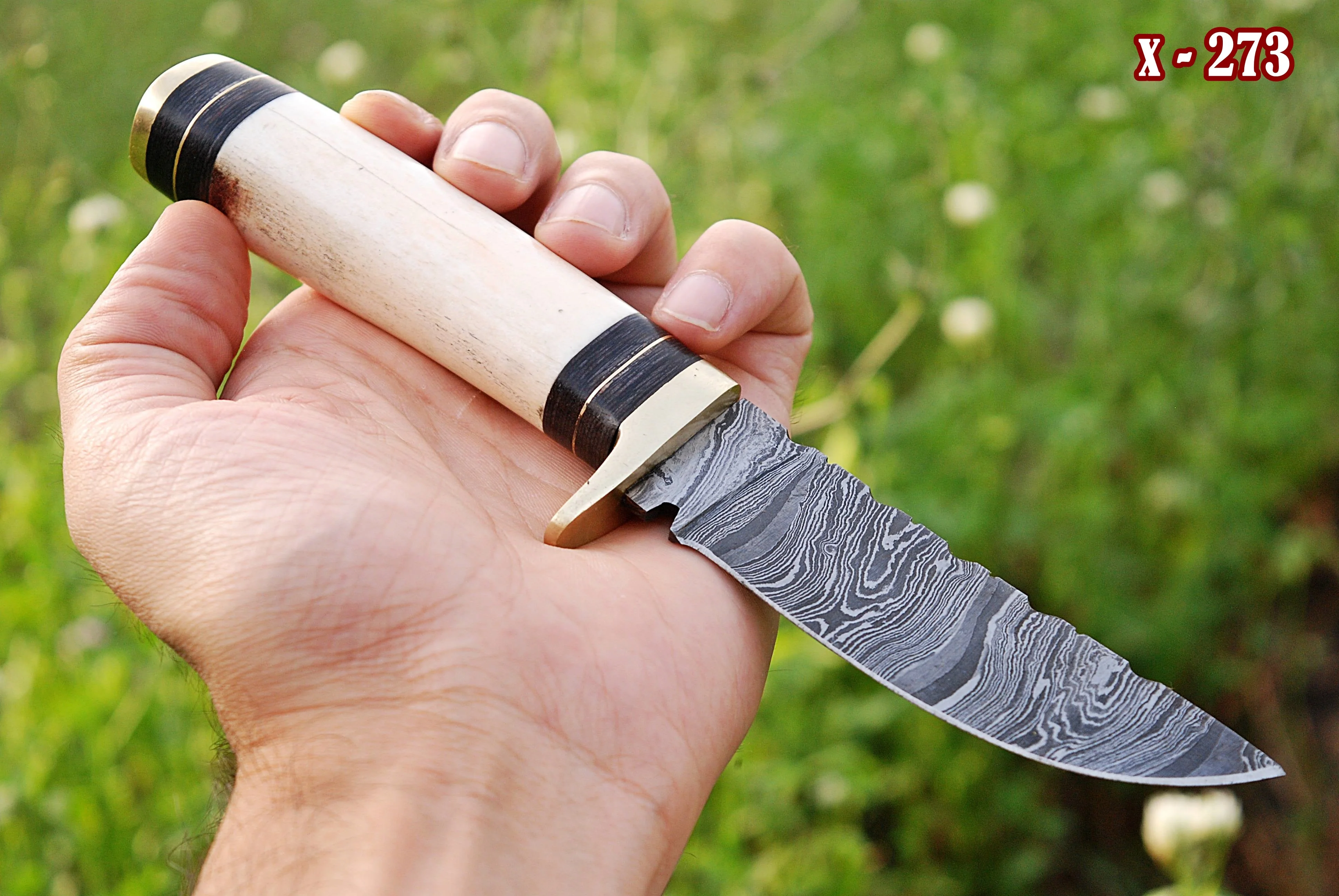 8" Handmade Fixed Damascus Balde Skinning Knife Bone Handle x-273 - Image 3
