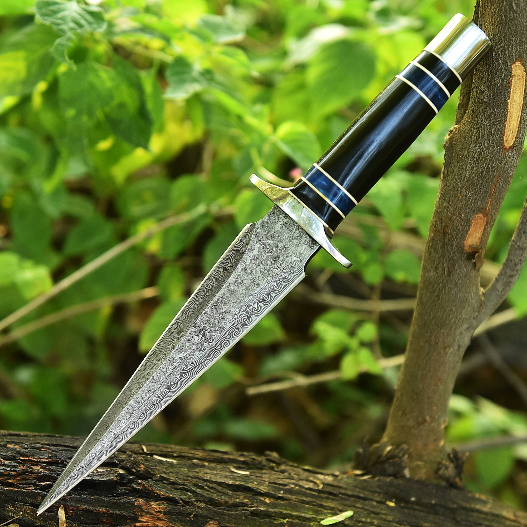 Arkansas ToothPick Damascus Dual Edged Blade knife - Bull Horn & Resin Handle - Image 2