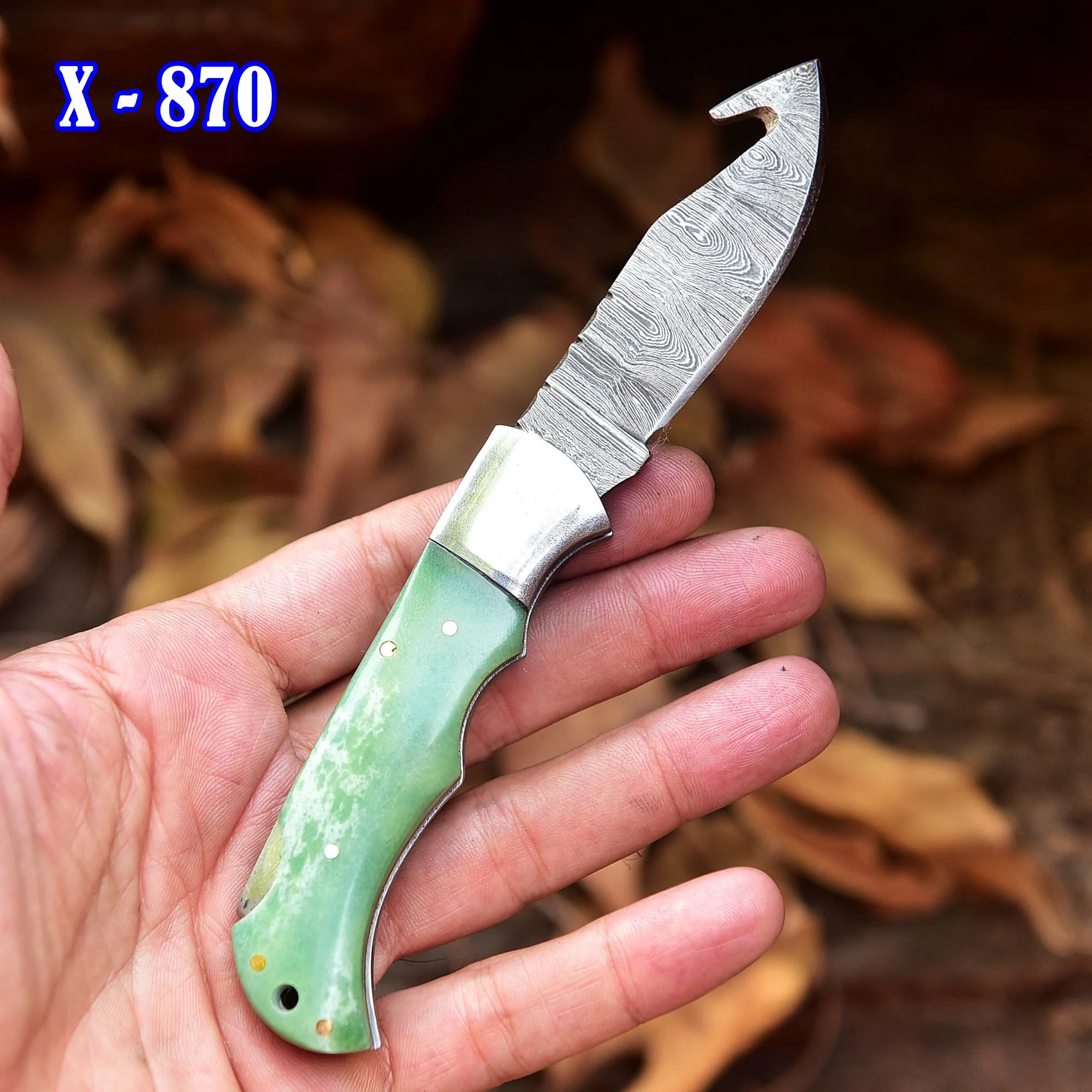 Back Lock 6.5" Handmade Damascus Steel Pocket Knife - Bone Handle - Folding Gut Hook Knife - Image 3