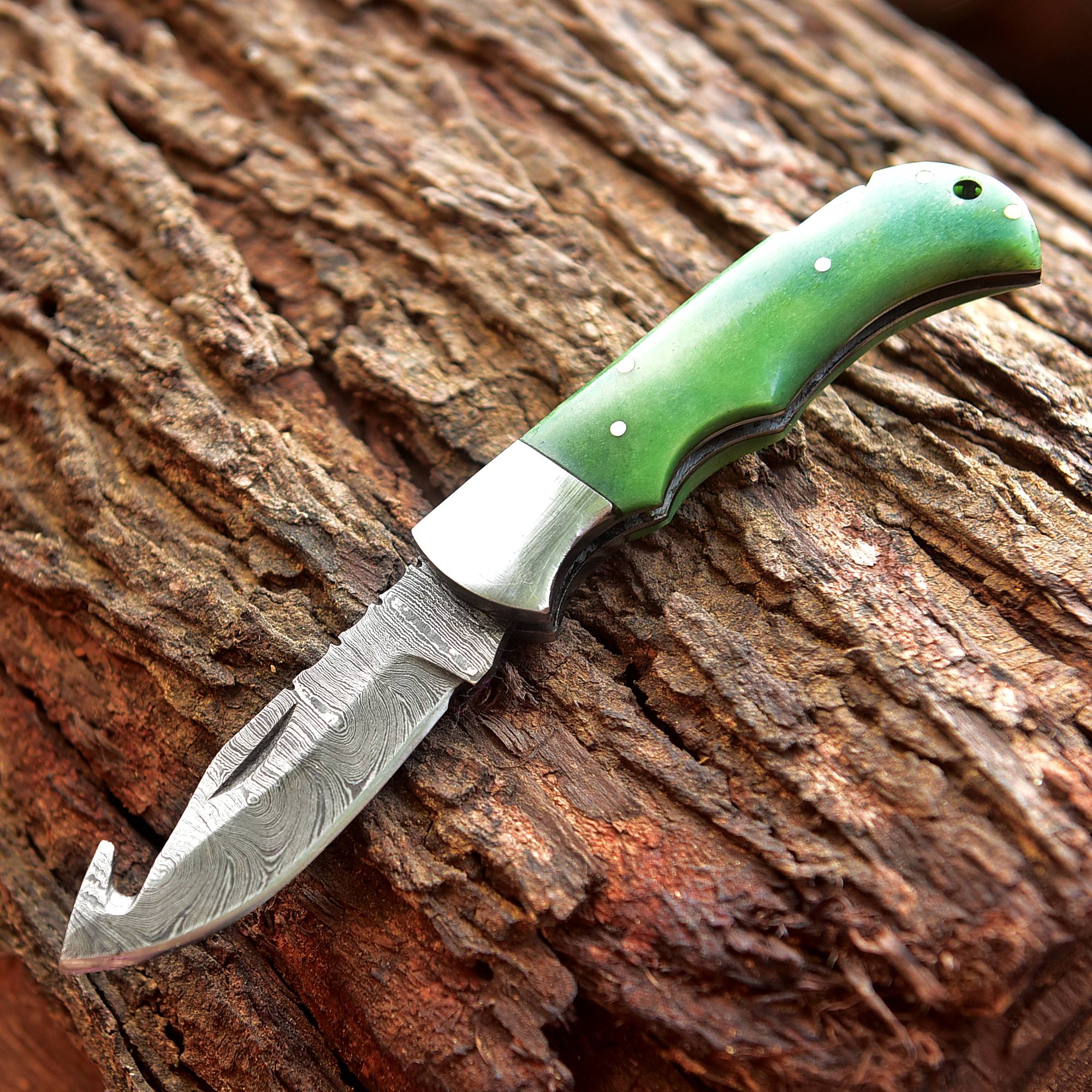 Back Lock 6.5" Handmade Damascus Steel Pocket Knife - Bone Handle - Folding Gut Hook Knife - Image 4