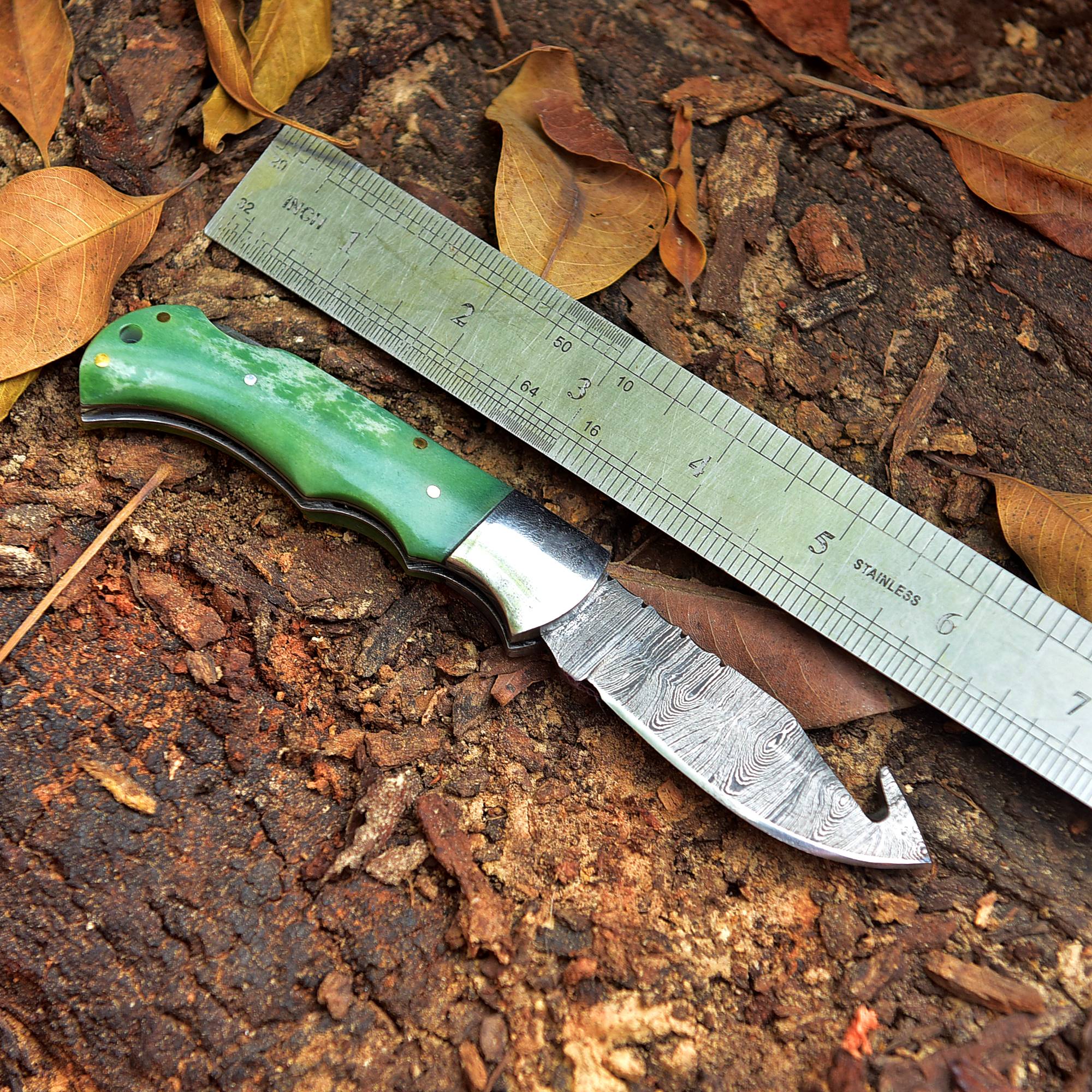 Back Lock 6.5" Handmade Damascus Steel Pocket Knife - Bone Handle - Folding Gut Hook Knife - Image 5