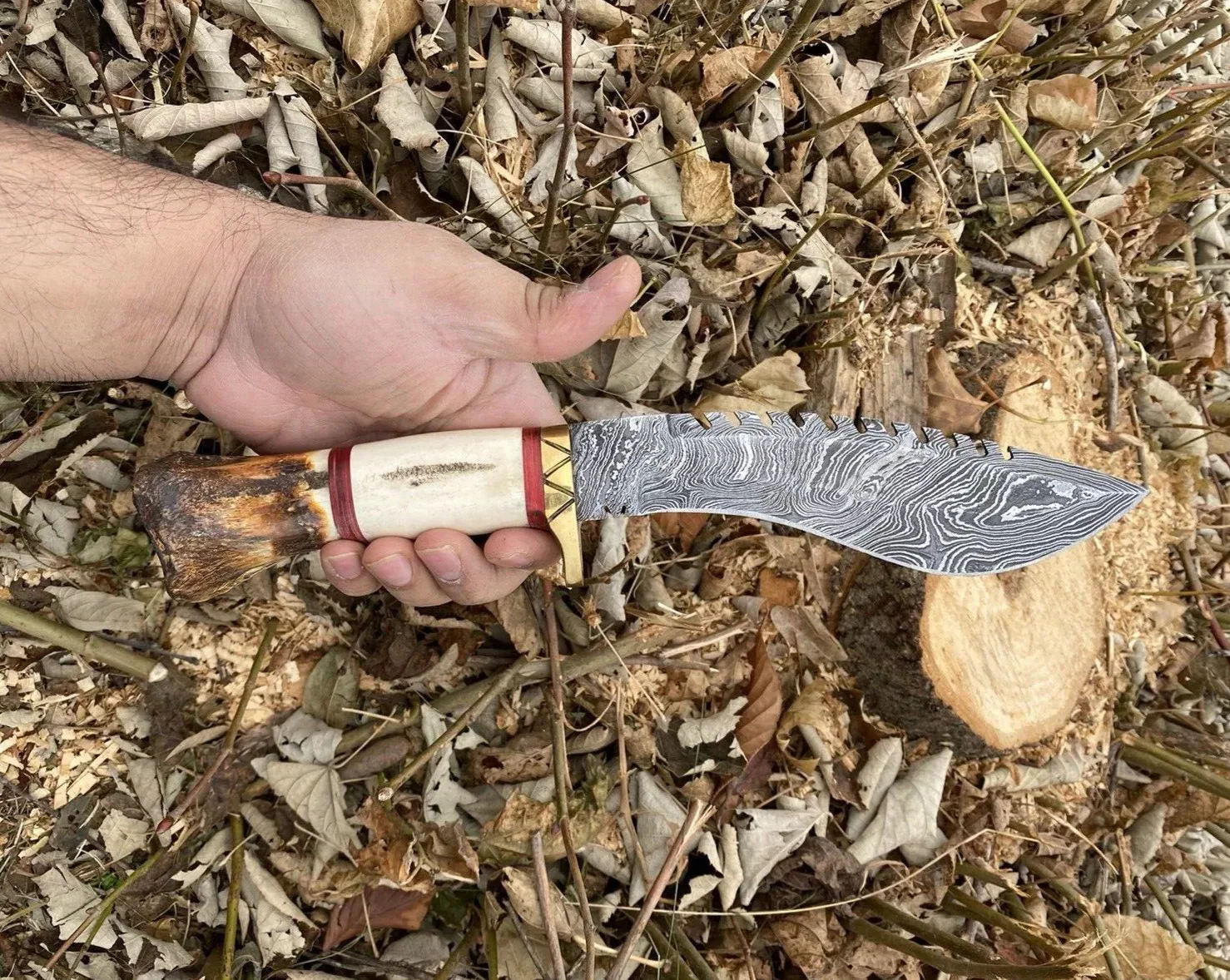 Collectible Knife Forged Damascus Fixed Blade Traditional Kukri Knife-Camel Bone Handle - Image 4
