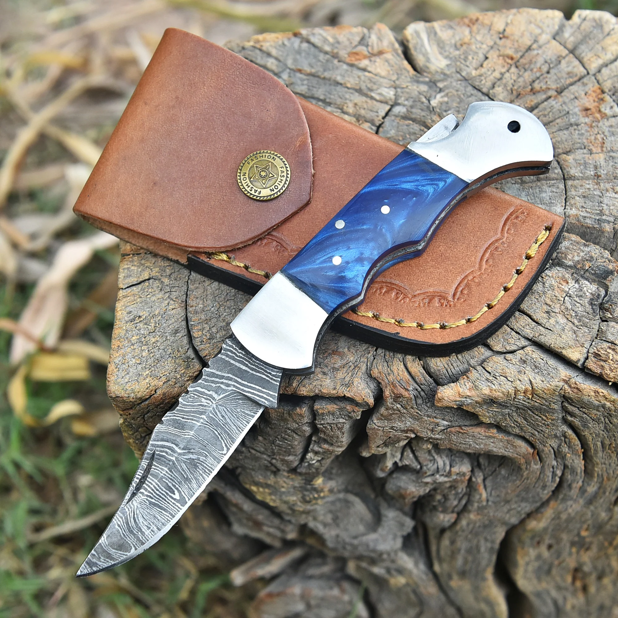 Custom Damascus Steel Folding Knife Outdoor Hiking Utility Pocket Tool - Image 2