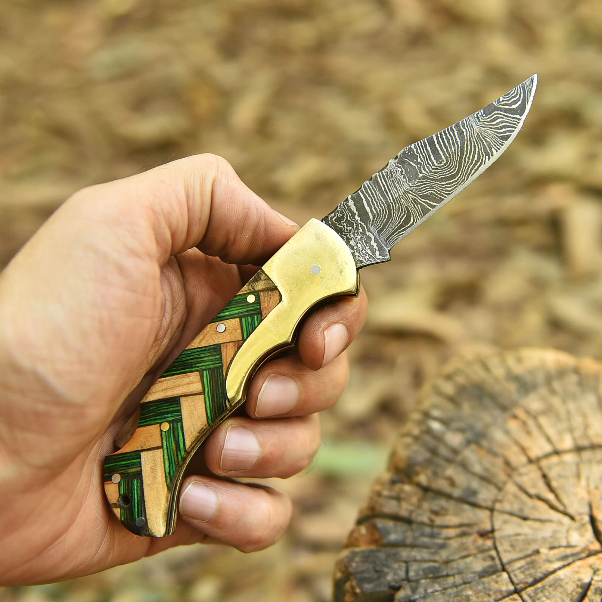 Custom Hand Forged Damascus Steel Folding Blade Knife EDC Cross Wood Handle - Image 3