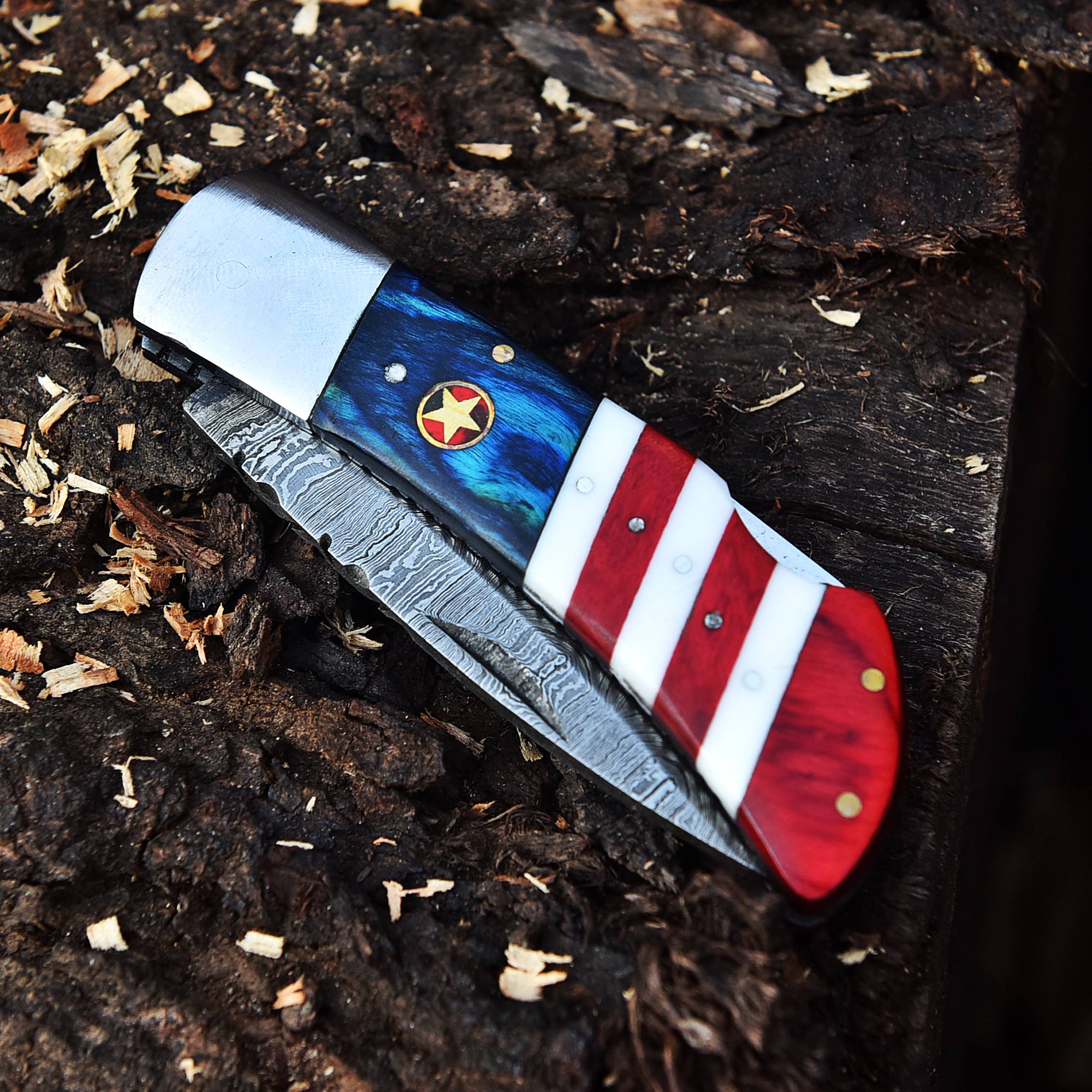 Custom Hand Forged Damascus Steel Folding Blade Pocket Knife-Flag Handle - Image 5