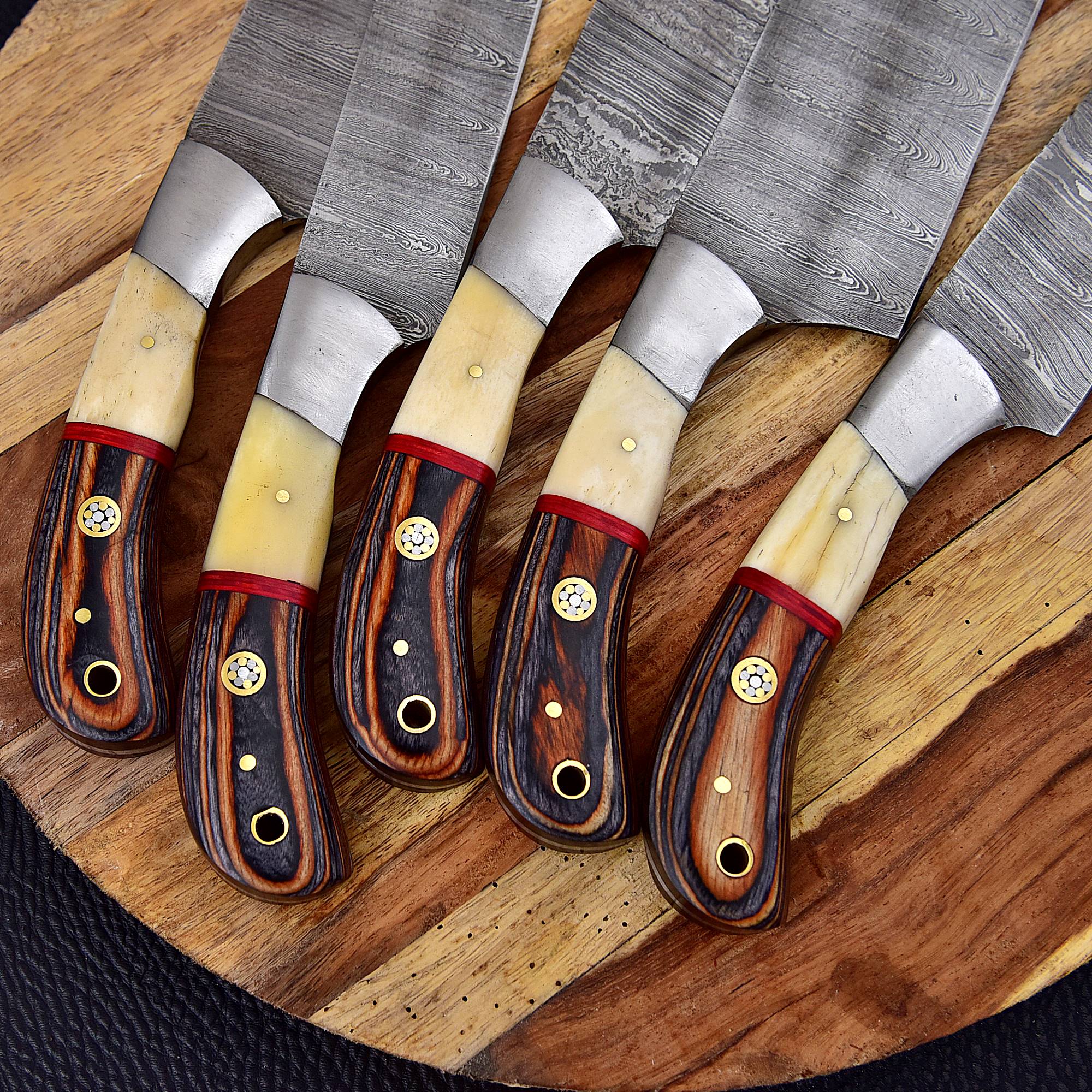 Custom Hand Made Forged Damascus Chef Knife Set Steel Steel With Bone & Stained Wood Handle x-225 - Image 3