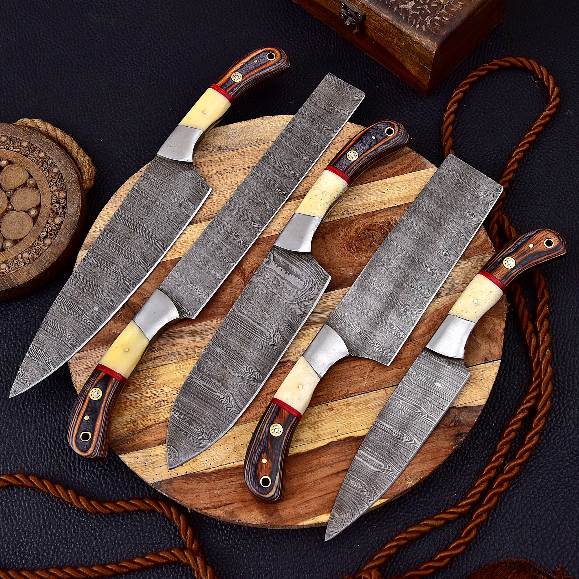 Custom Hand Made Forged Damascus Chef Knife Set Steel Steel With Bone & Stained Wood Handle x-225 - Image 4