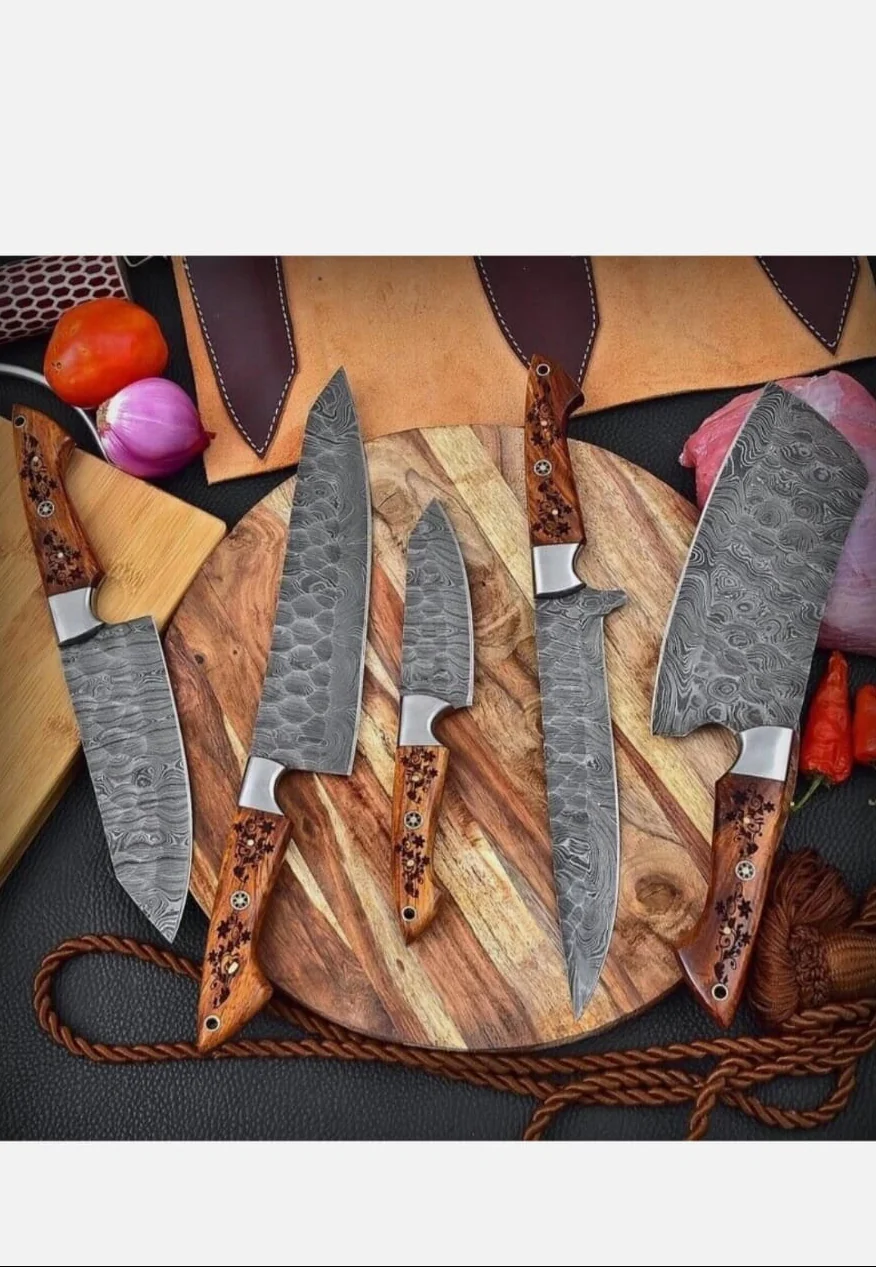 Custom Handmade 5 Piece Damascus Steel Chef Knives Kitchen Knives Set - Image 2