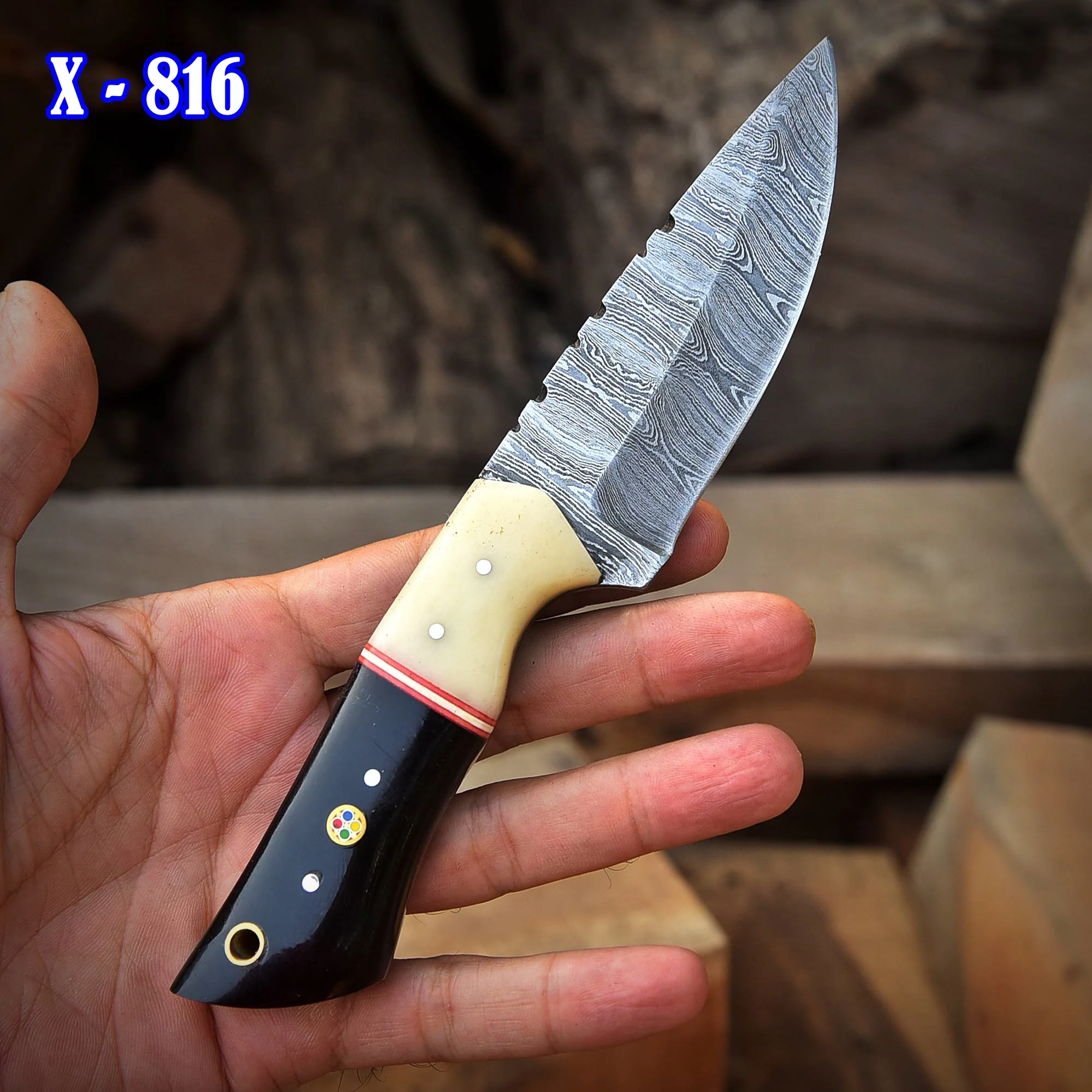Custom Handmade Damascus Steel Blade Outdoor Hunting Skinner Knife - Image 3