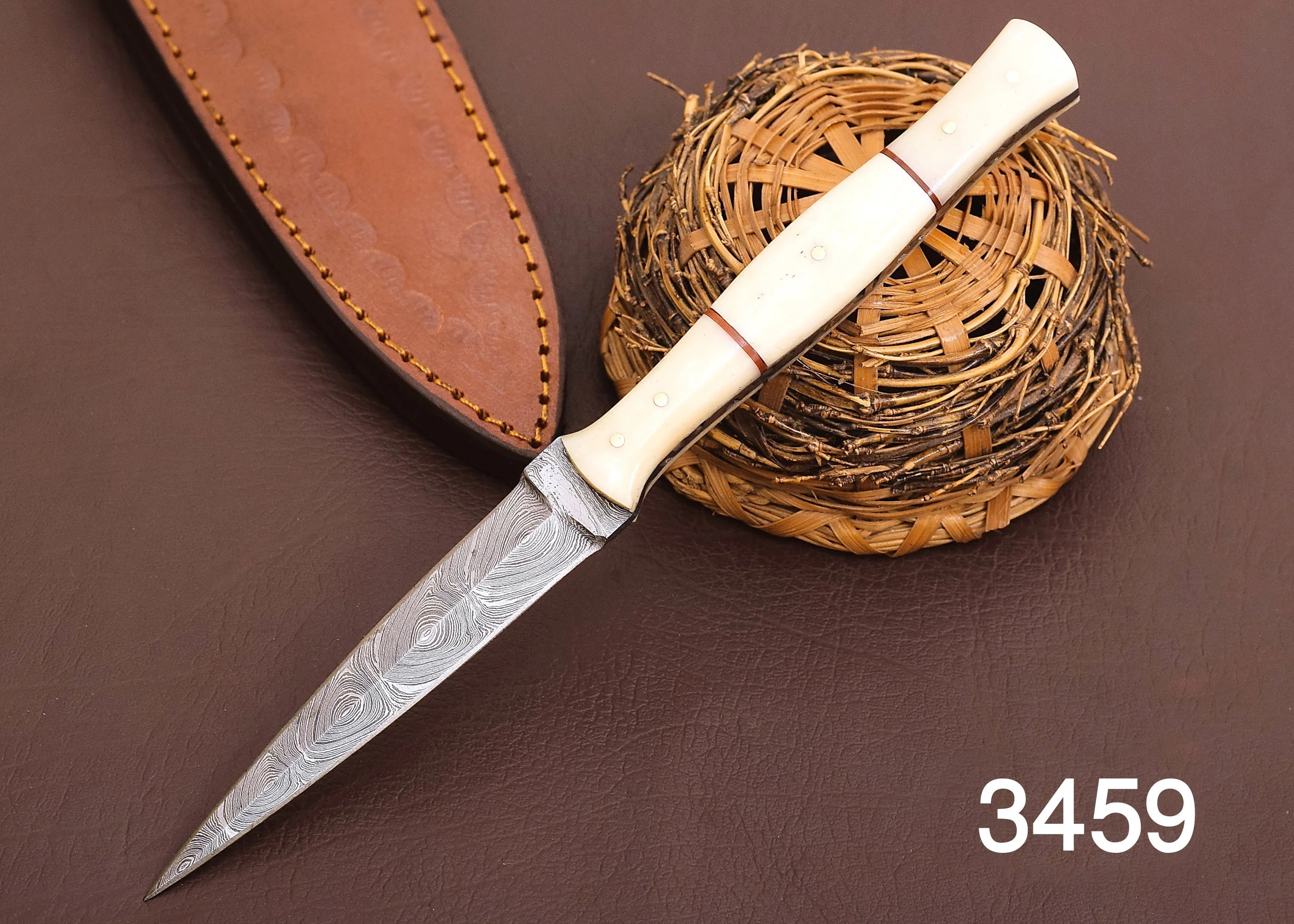 Custom Handmade Damascus Steel Combat Boot Knife Camel Bone Handle X-68 - Image 3