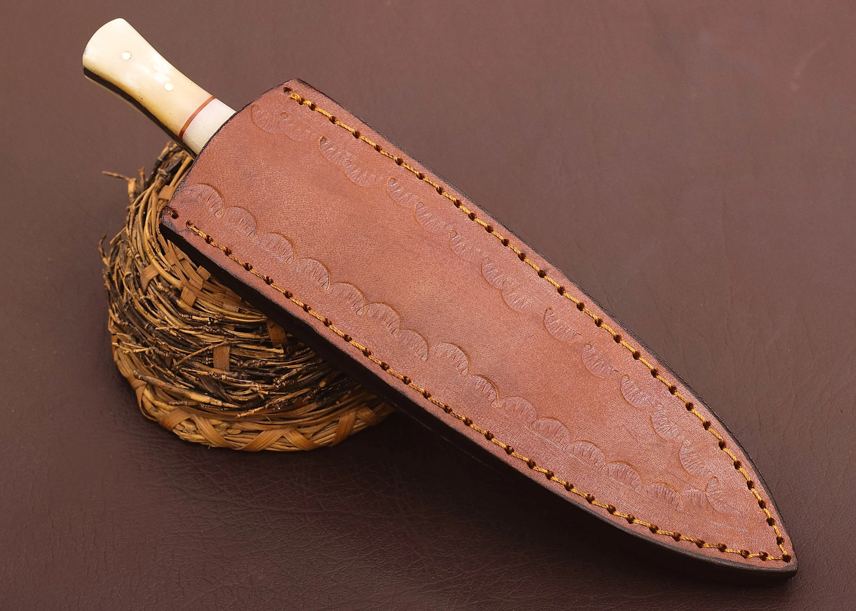 Custom Handmade Damascus Steel Combat Boot Knife Camel Bone Handle X-68 - Image 6