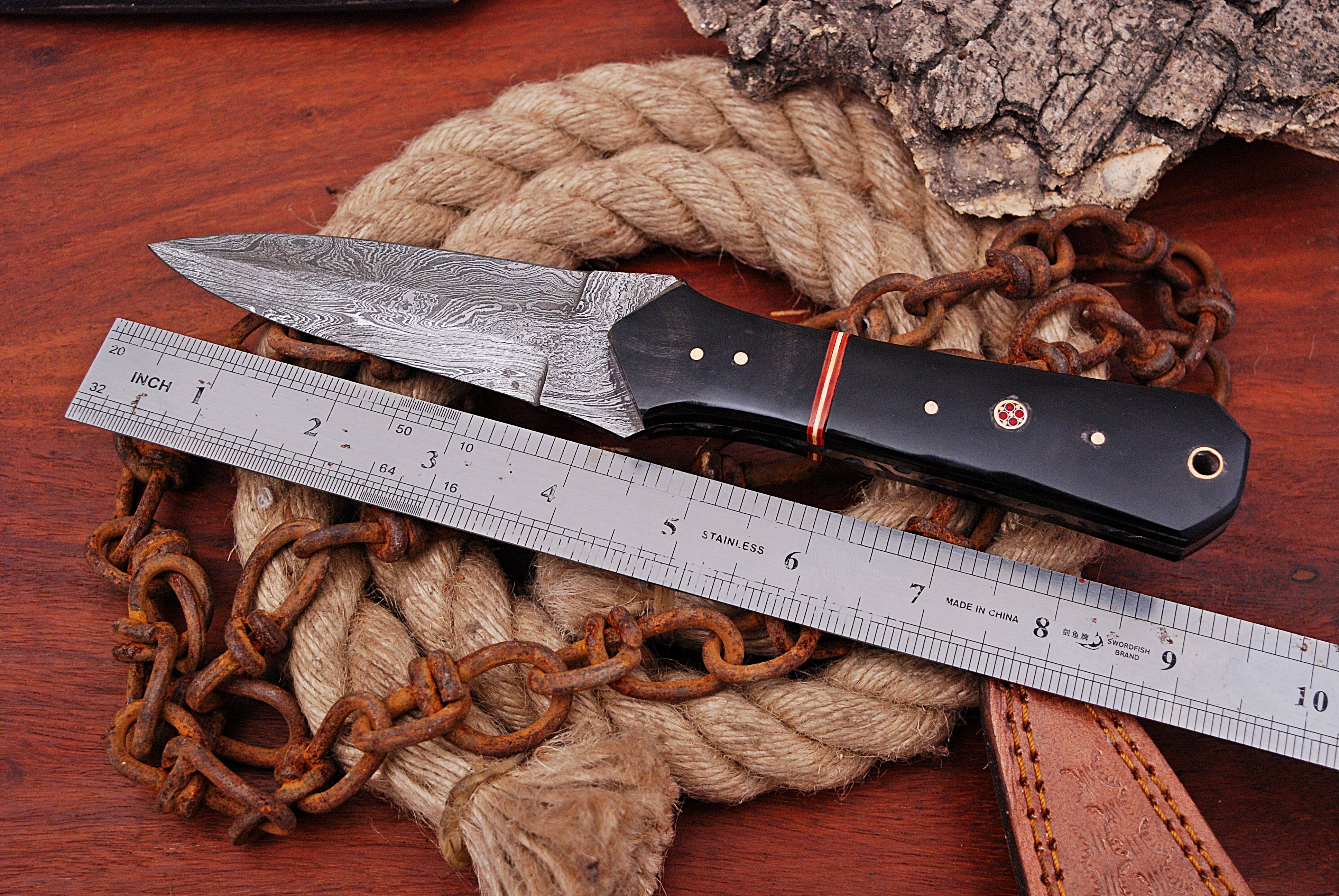 Custom Handmade Damascus steel double edged dirk knife bull horn handle - Image 5