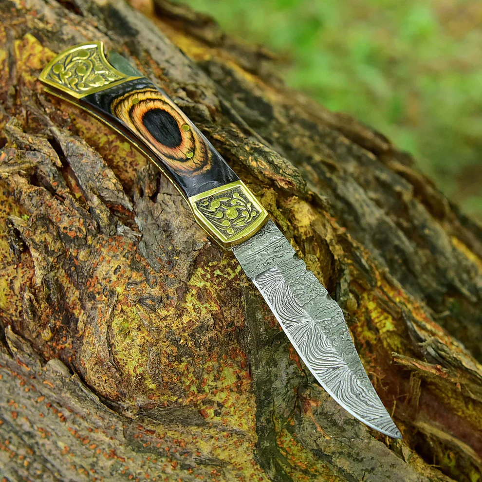 Custom Handmade Damascus steel Folding Blade Pocket Knife Lock Back Engraved Brass Bolster x-155 - Image 3