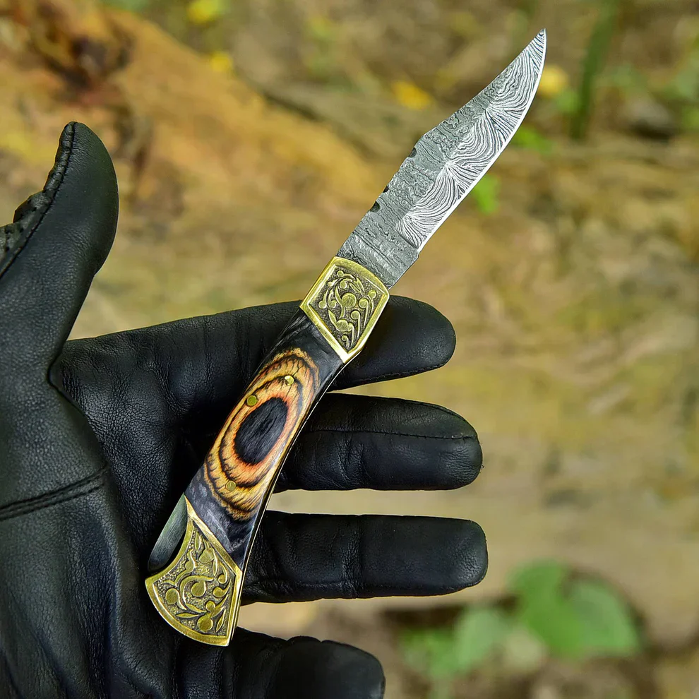 Custom Handmade Damascus steel Folding Blade Pocket Knife Lock Back Engraved Brass Bolster x-155 - Image 4