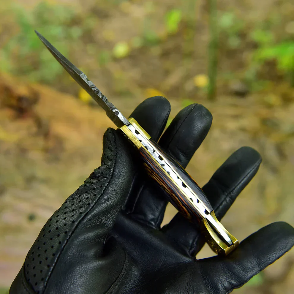 Custom Handmade Damascus steel Folding Blade Pocket Knife Lock Back Engraved Brass Bolster x-155 - Image 5