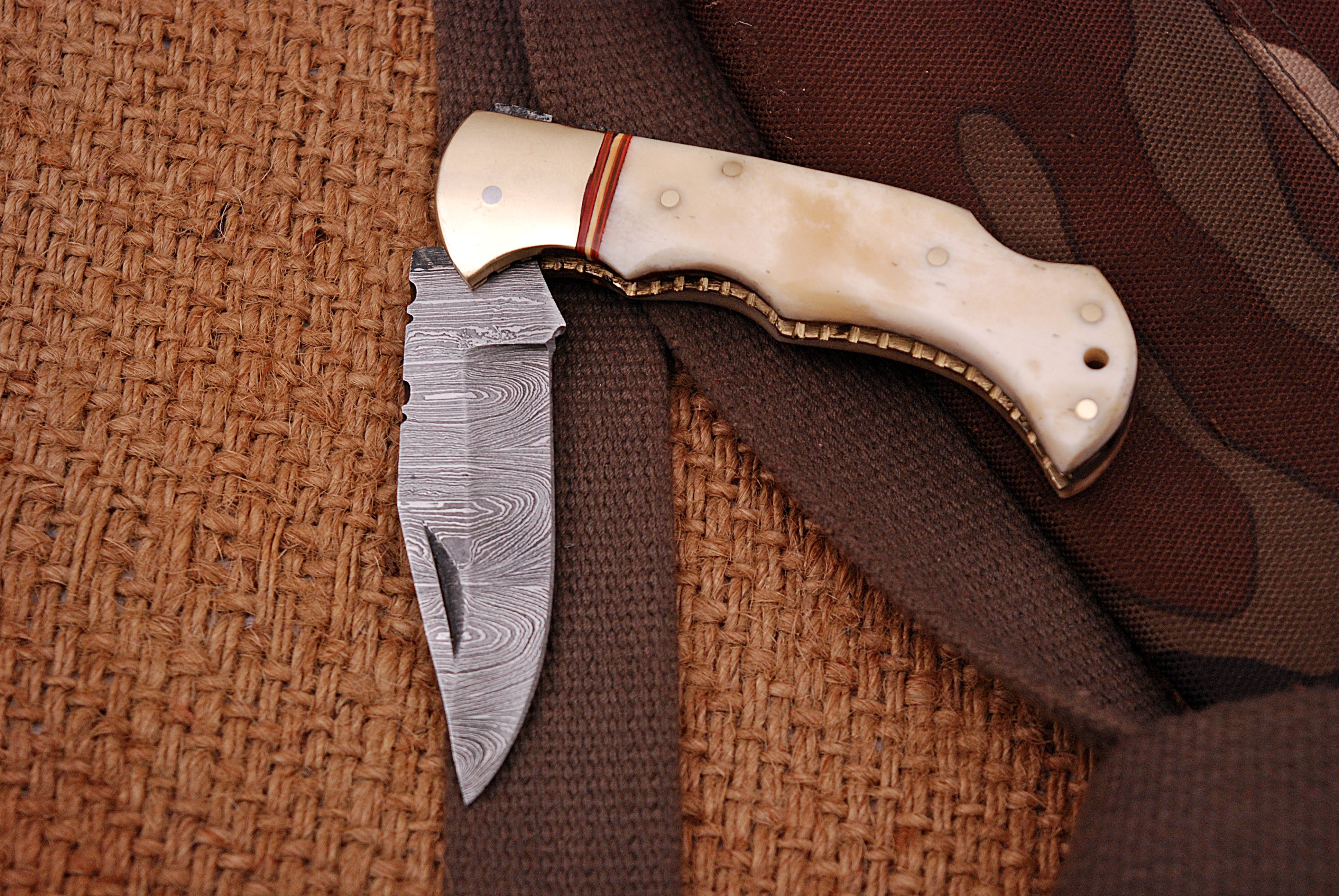 Custom Handmade Damascus Steel Folding Pocket Knife Camel Bone Handle - Image 4