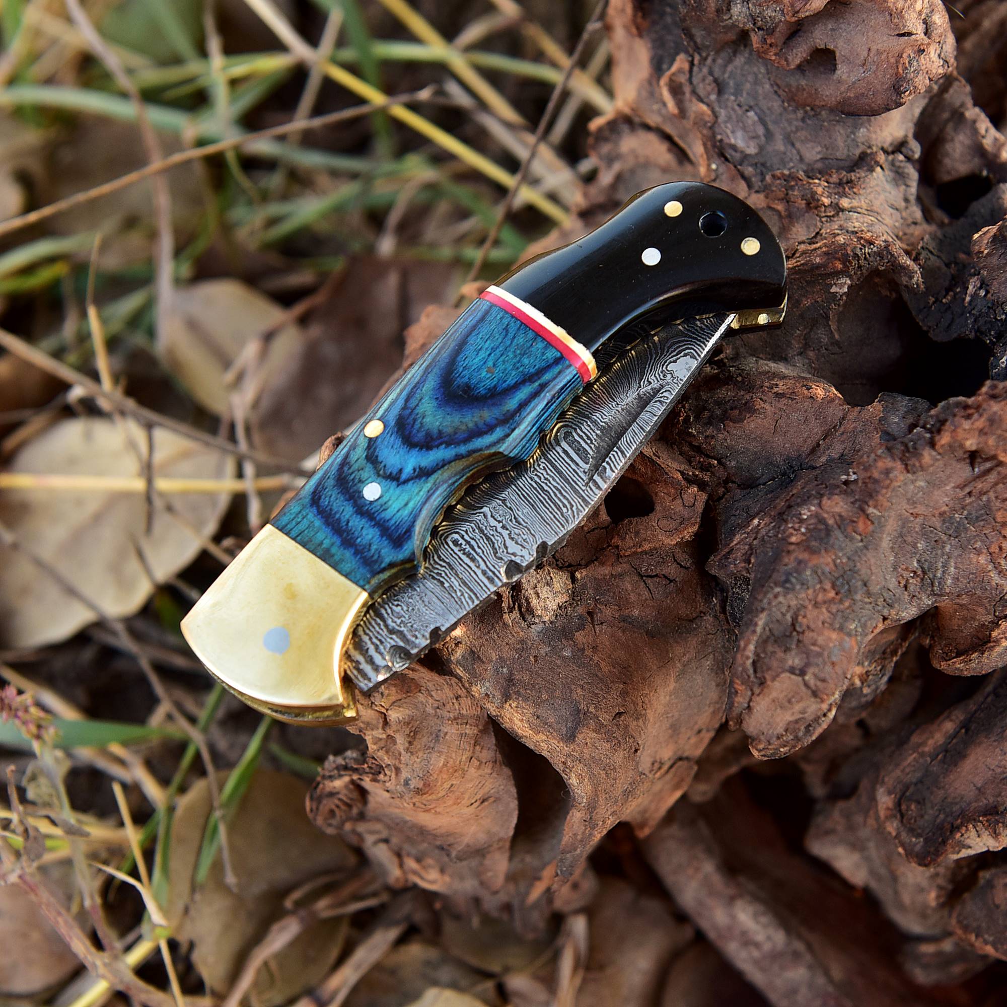 Custom Handmade Damascus Steel Folding Pocket Knife Wood Resin Handle - Image 5