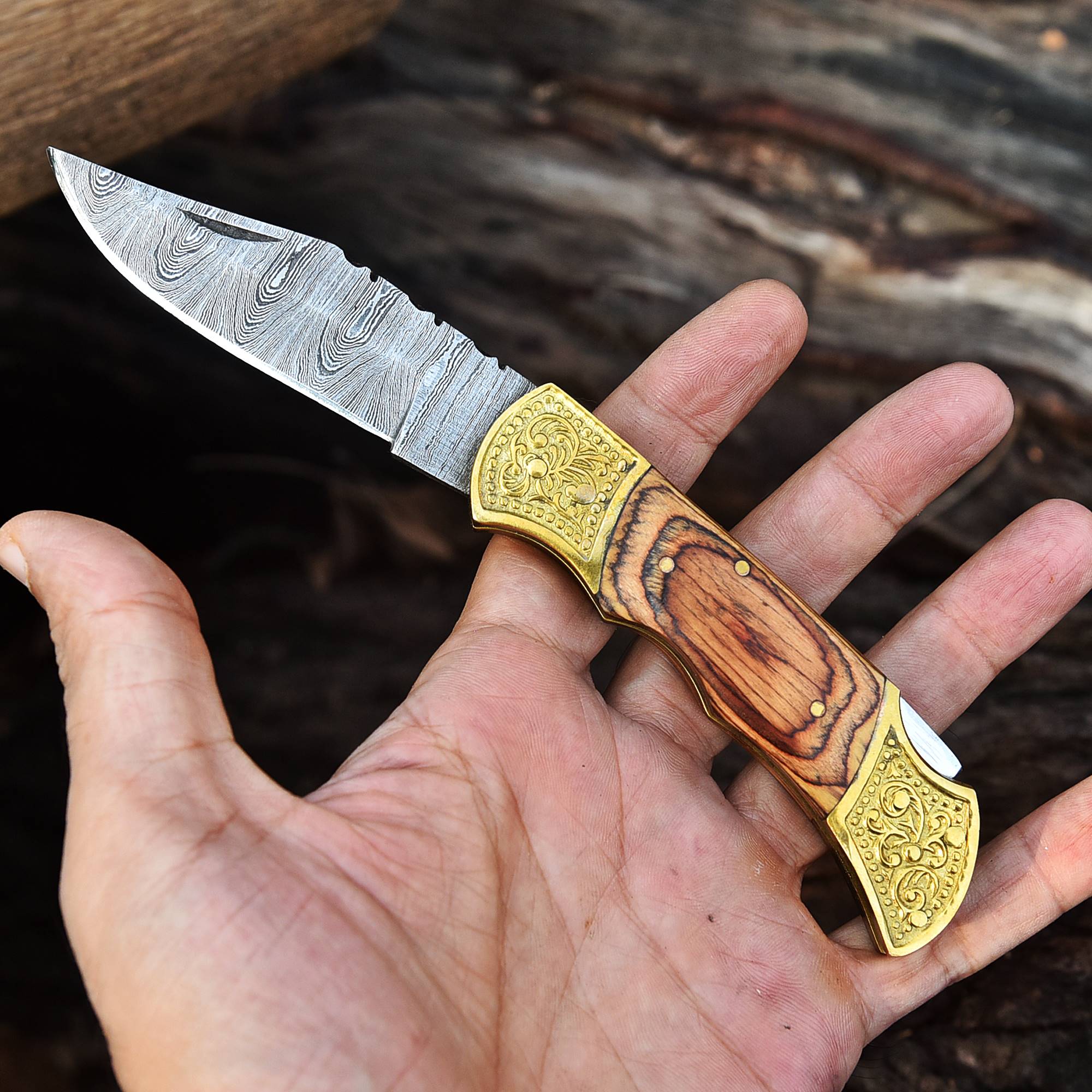 Custom Handmade Damascus Steel VG10 Pocket knife-Wood Handle Engrave Bolster - Image 3