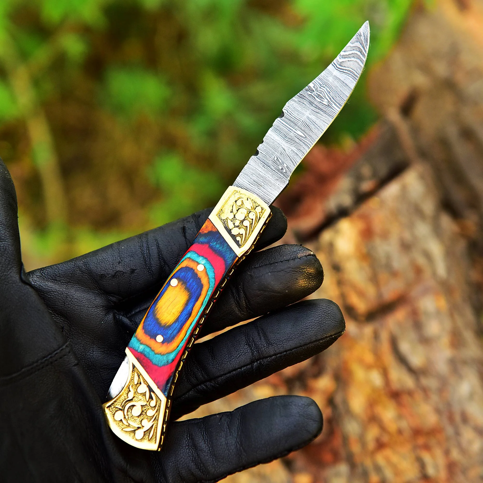 Customs Hand Made Damascus Steel Hunting Folding Knife Brass Bolster With Colored Wood Handle - Image 3