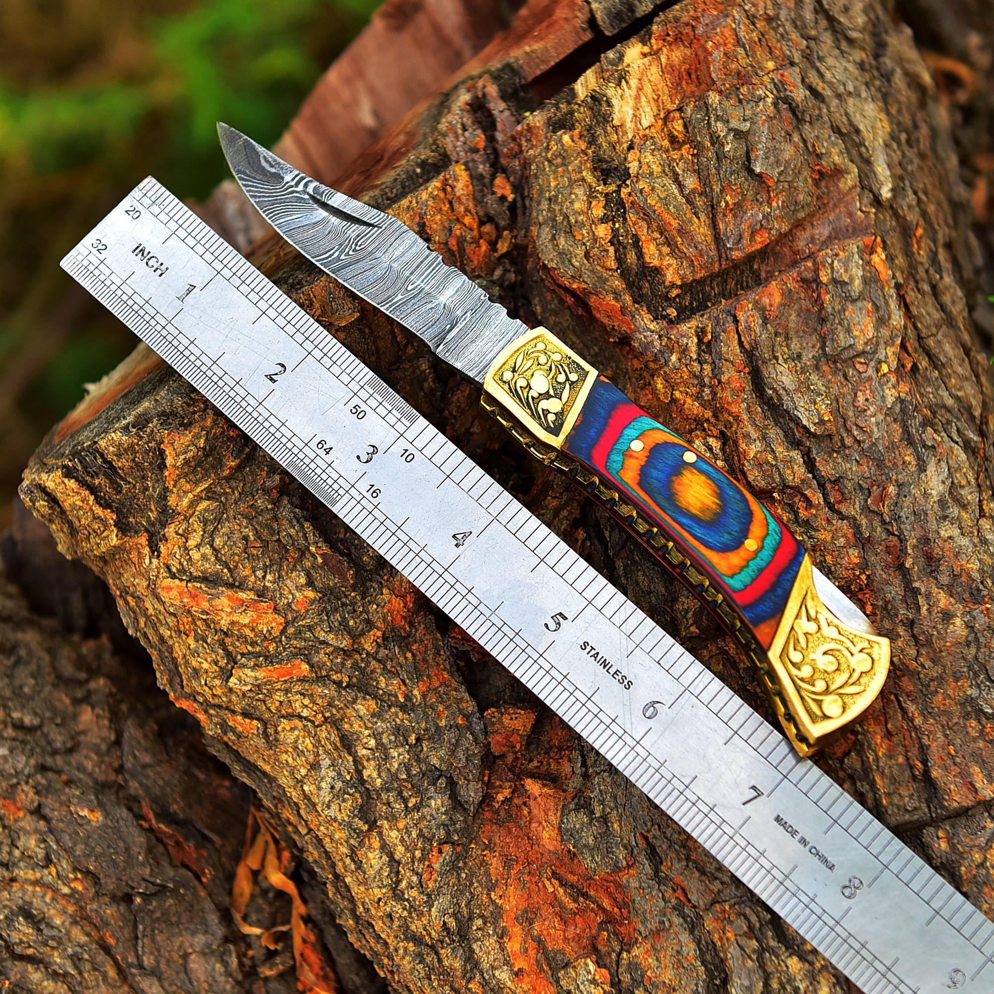 Customs Hand Made Damascus Steel Hunting Folding Knife Brass Bolster With Colored Wood Handle - Image 4