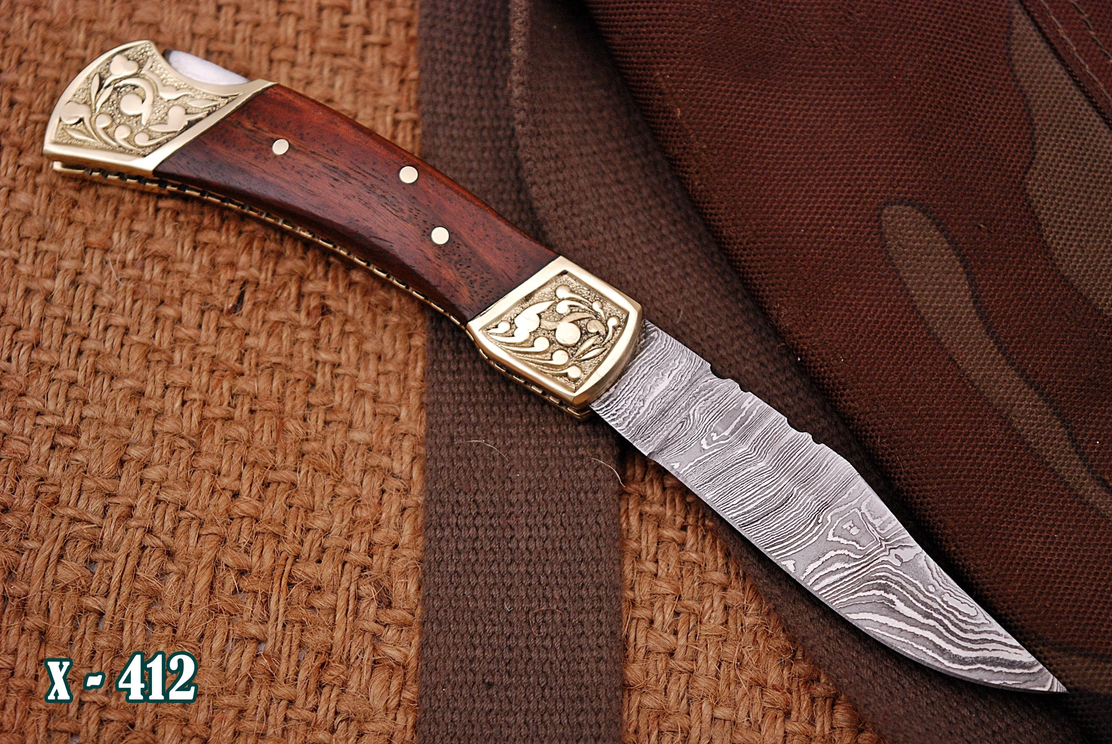 Customs Hand Made Damascus Steel Hunting Folding Knife Engraved Brass Bolster With Wood Handle - Image 3