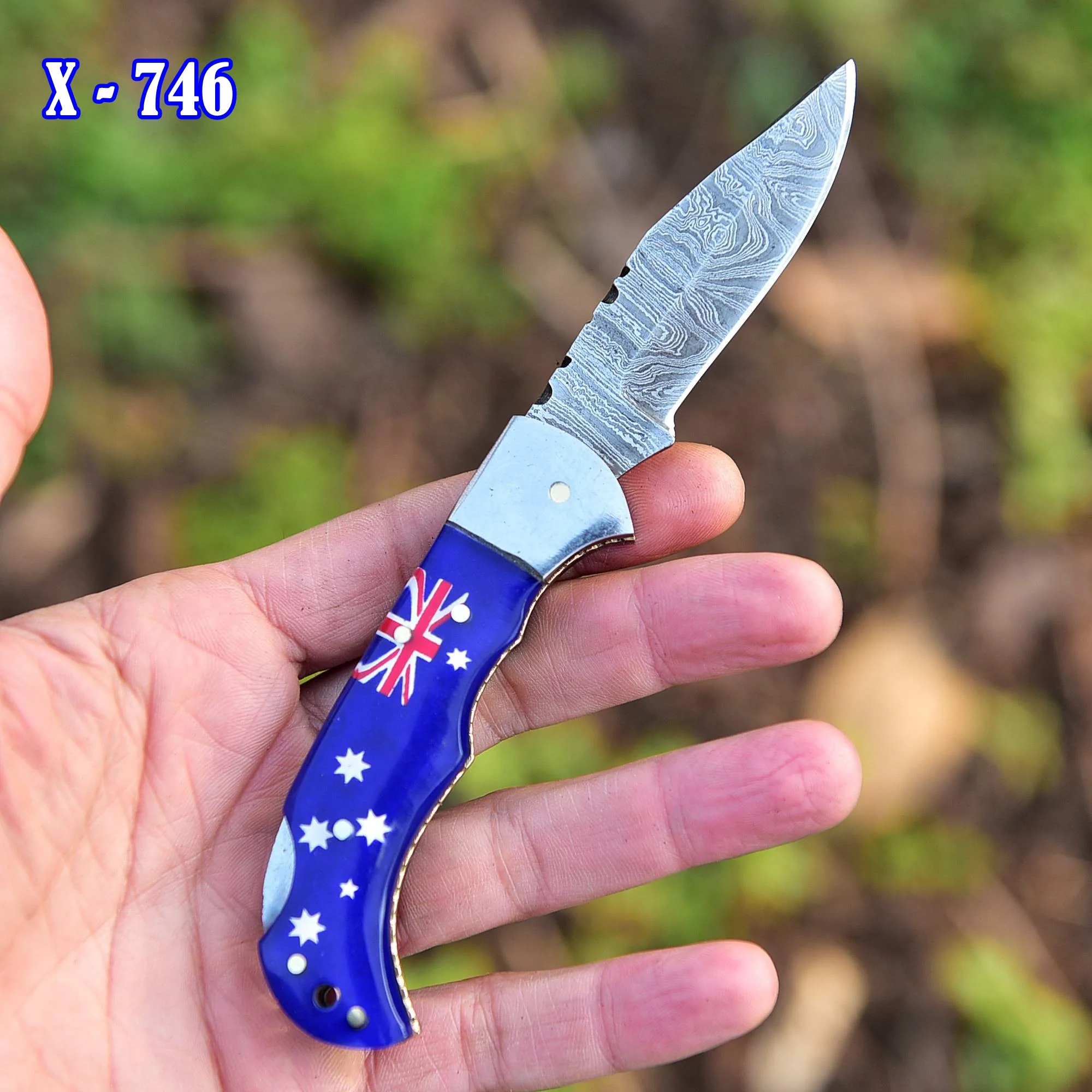 Customs Handmade Damascus Steel Folding Blade Pocket Knife With Sheath - Image 3