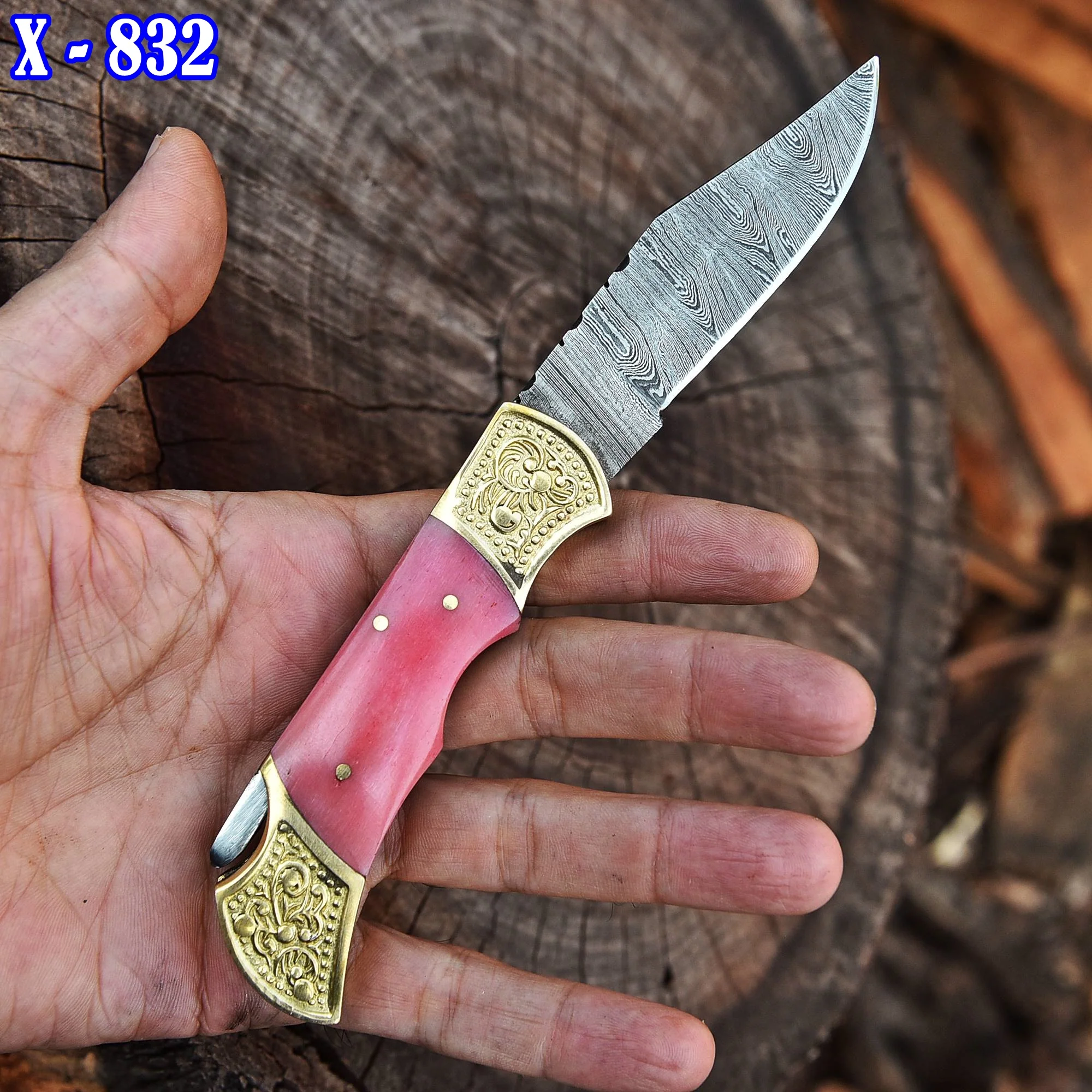 Damascus Knife Forged Steel Folding Blade Pocket Carry-Pink Colored Bone Handle - Image 3