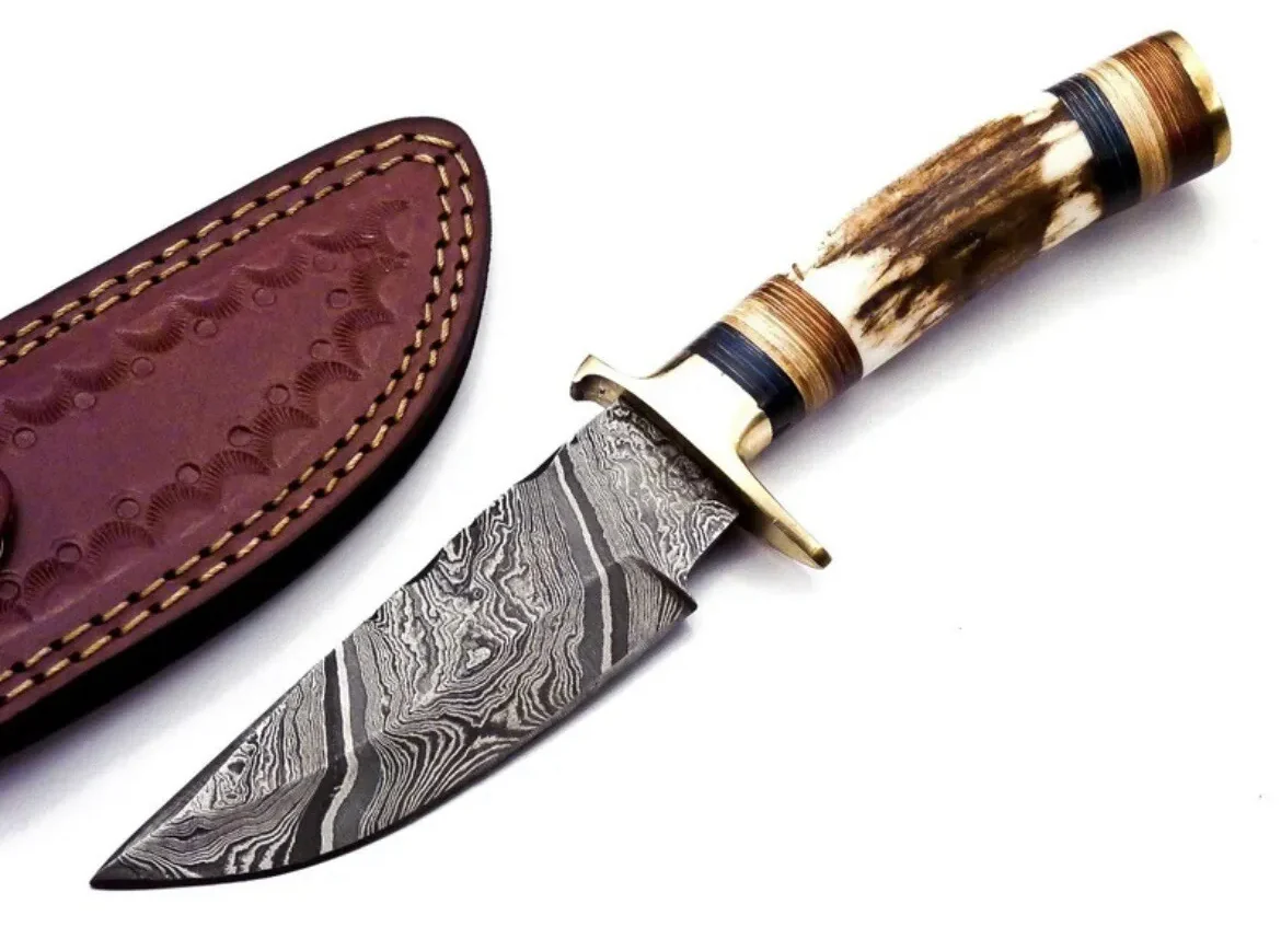 8" Handcrafted Damascus Steel Outdoor Knife with Stag Antler Handle - Image 4