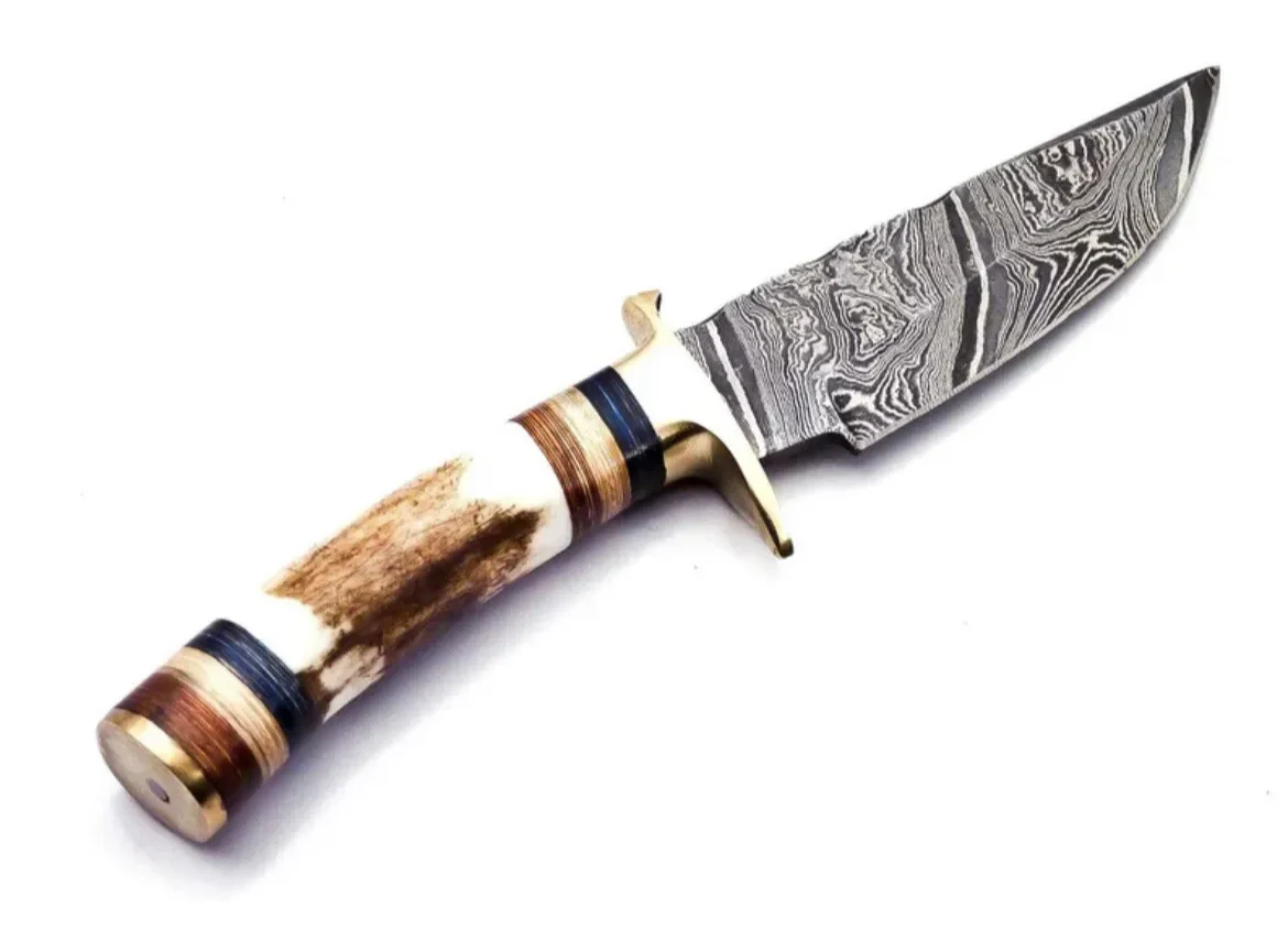 8" Handcrafted Damascus Steel Outdoor Knife with Stag Antler Handle - Image 5