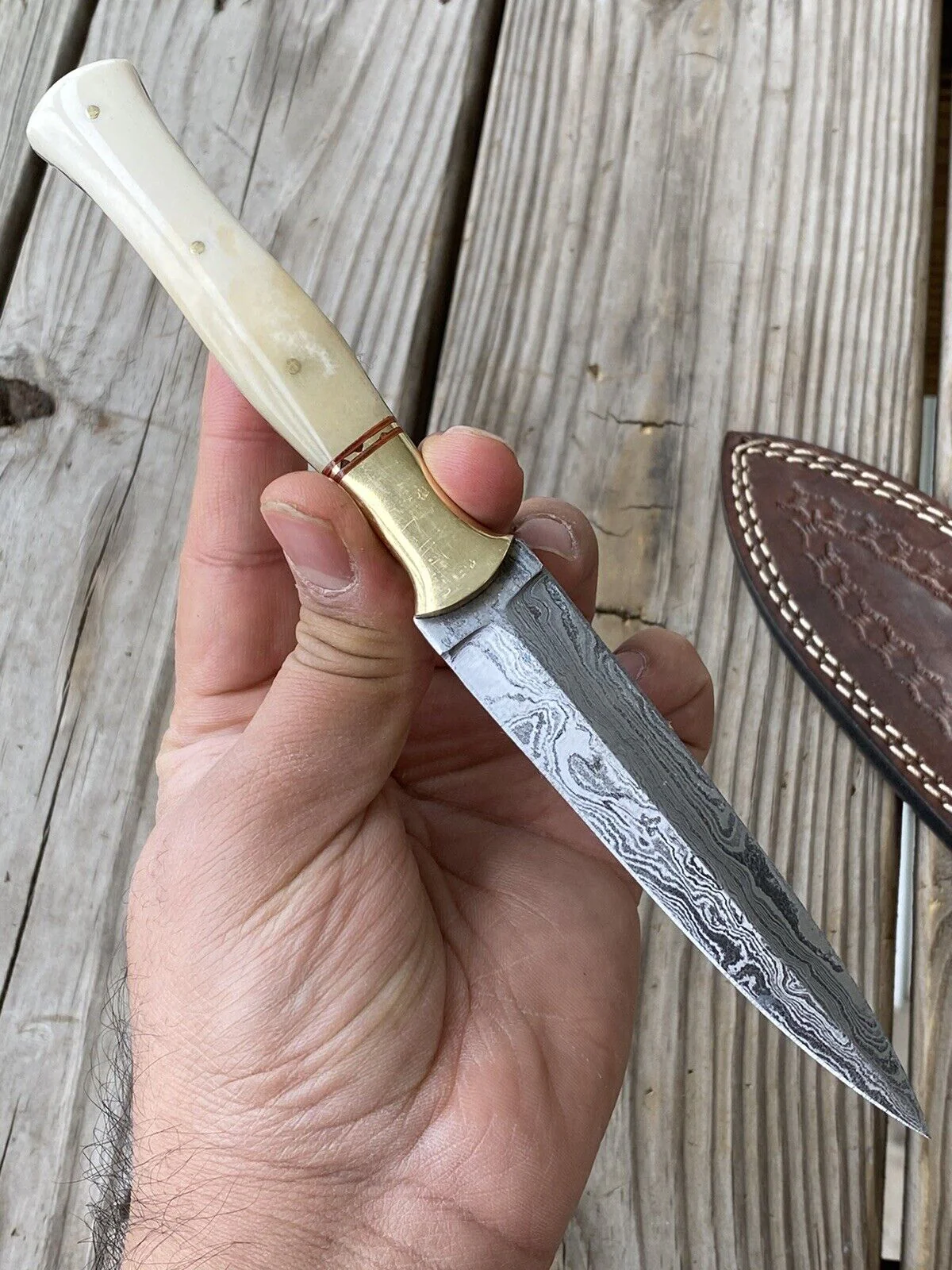 EDC Boot Knife Handmade Damascus Dagger Fixed Blade Camel Bone Handle with Sheath - Image 4