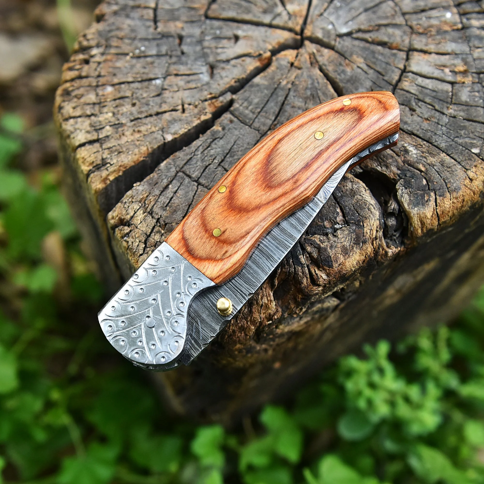 EDC Hand Forged Damascus Steel Folding Blade Pocket Knife Wood Handle - Image 5