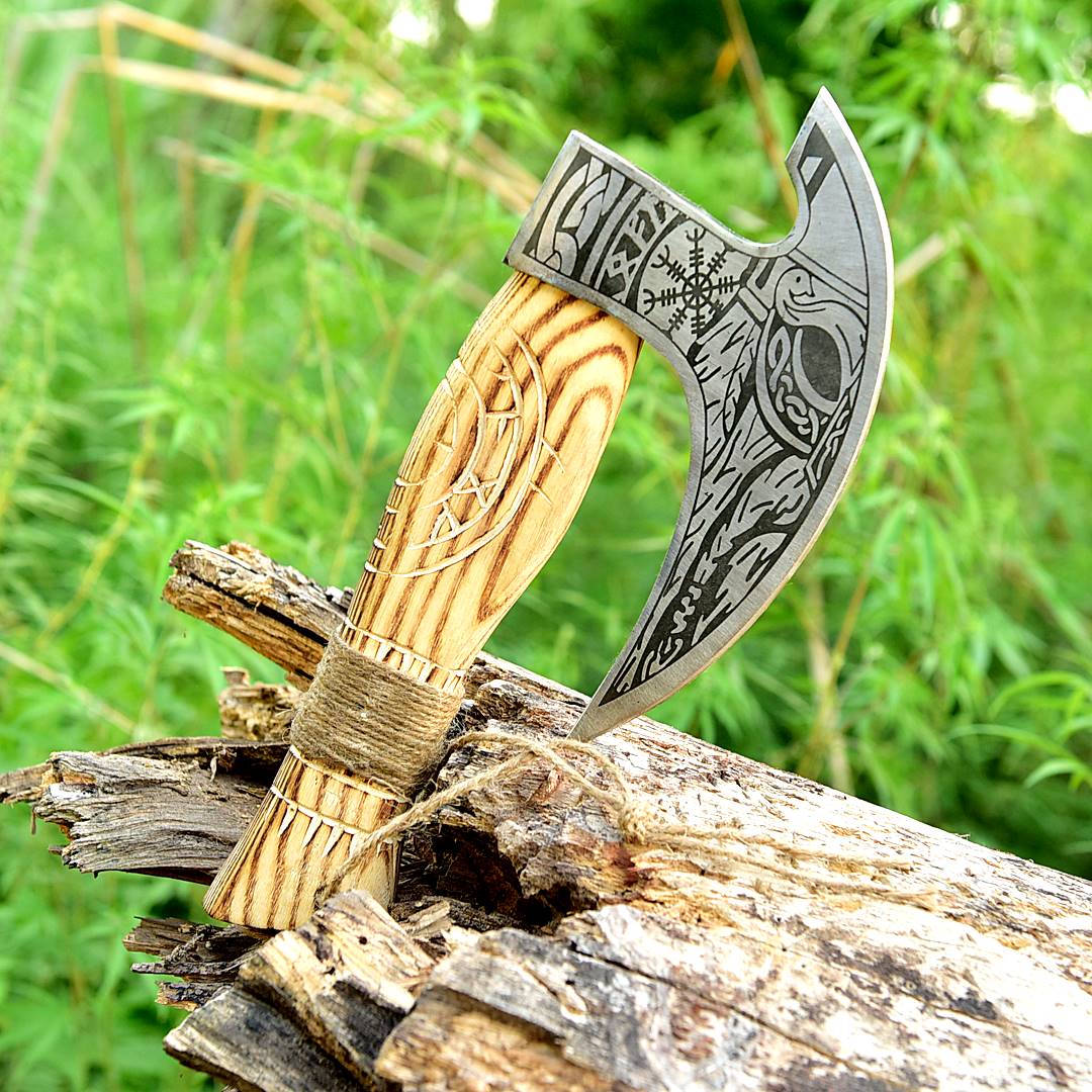 Forged Carbon Steel Pizza Cutter Axe with Burn Ash Wood Shaft - Viking Axe- Ulu Alaskan - Image 3
