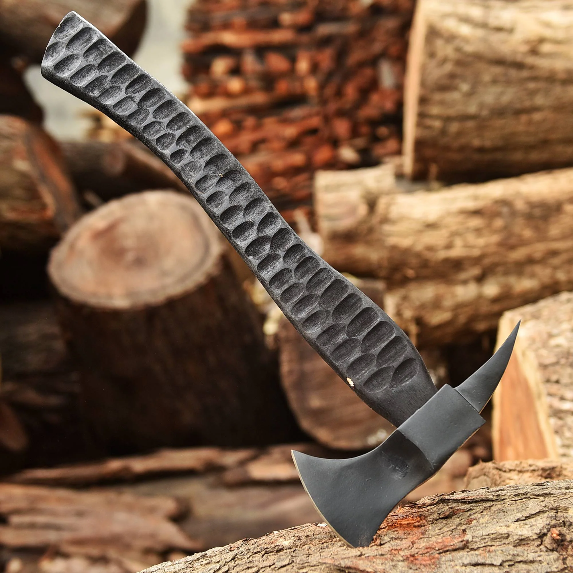 Forged Carbon Steel Spike Head Axe with Engraved Black Wood Shaft - Viking Axe - Image 4