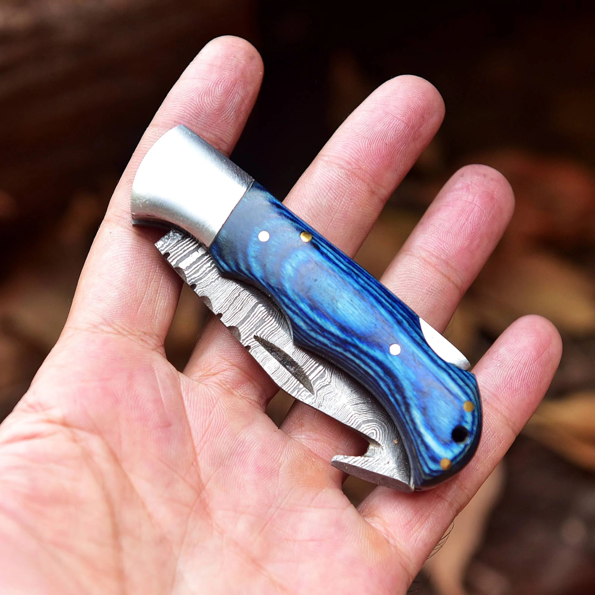 Hand Forged Damascus Steel Gut Hook Folding Blade Back Lock Pocket Knife - Image 9