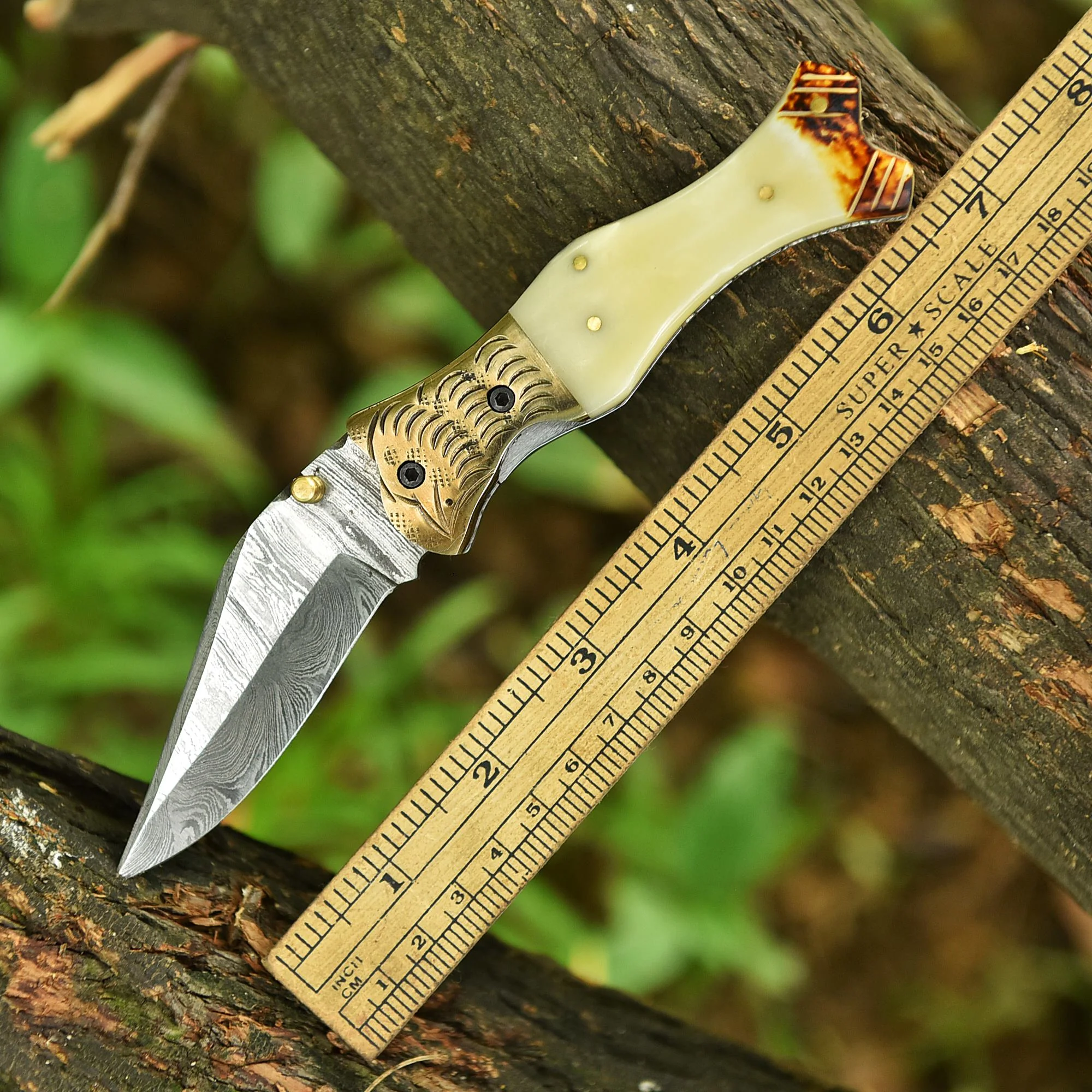 Handcrafted Damascus Steel Blade Folding Knife Camel Bone Handle EDC - Image 4