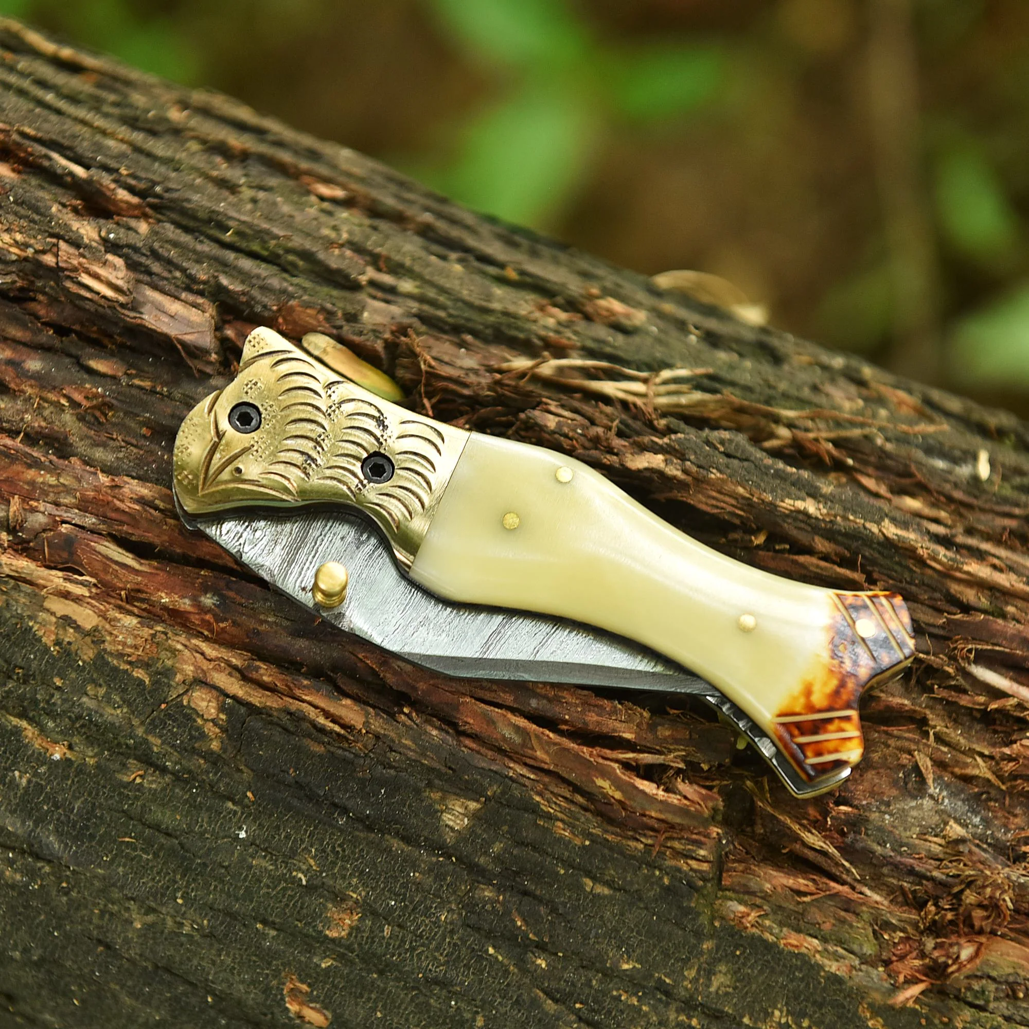 Handcrafted Damascus Steel Blade Folding Knife Camel Bone Handle EDC - Image 6